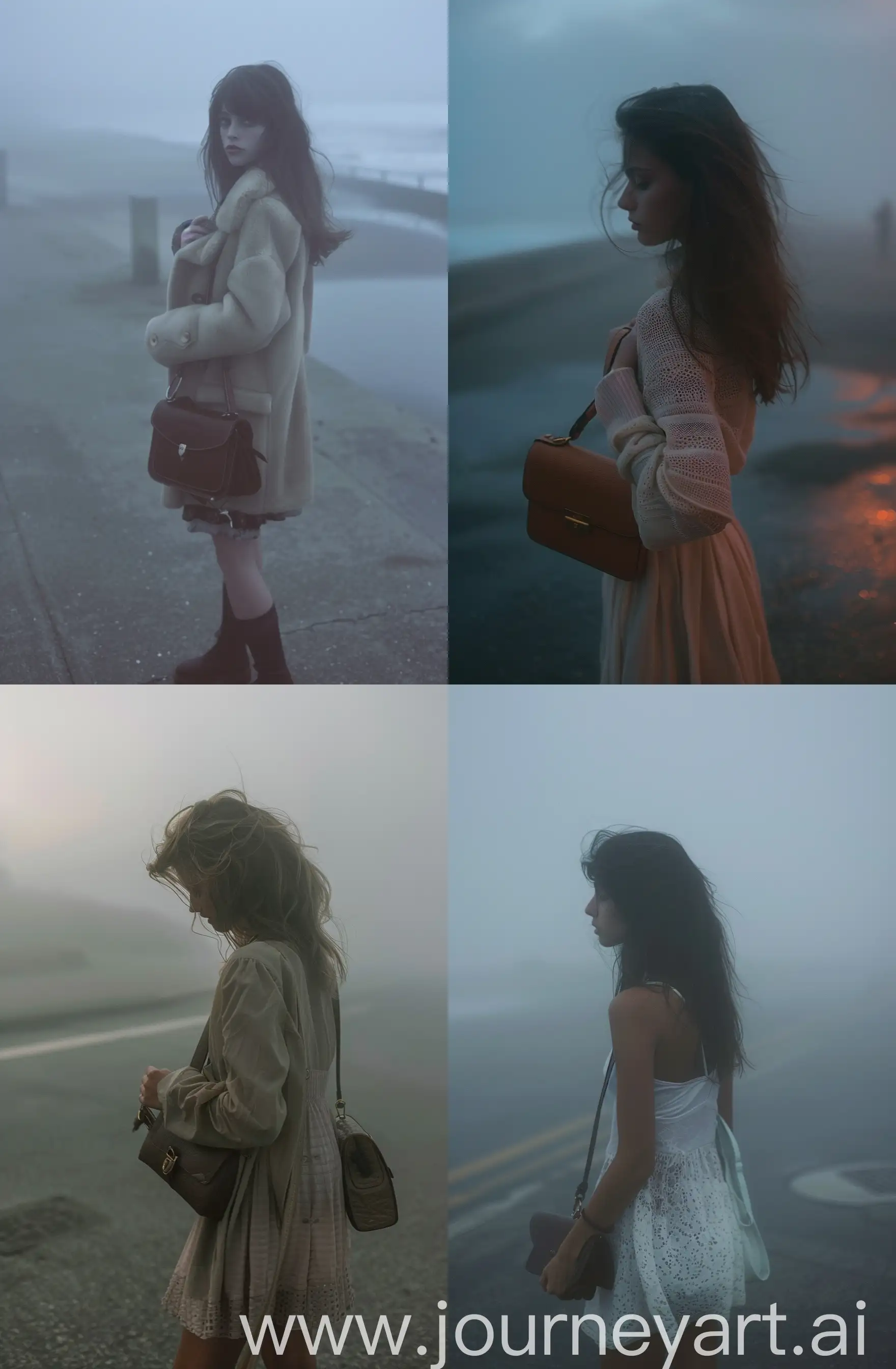 girl standing on a foggy pavement while holding her purse, in the style of yigal ozeri, video, beach portraits, kaethe butcher, close up, michael malm, soft hues --ar 36:55 --v 6