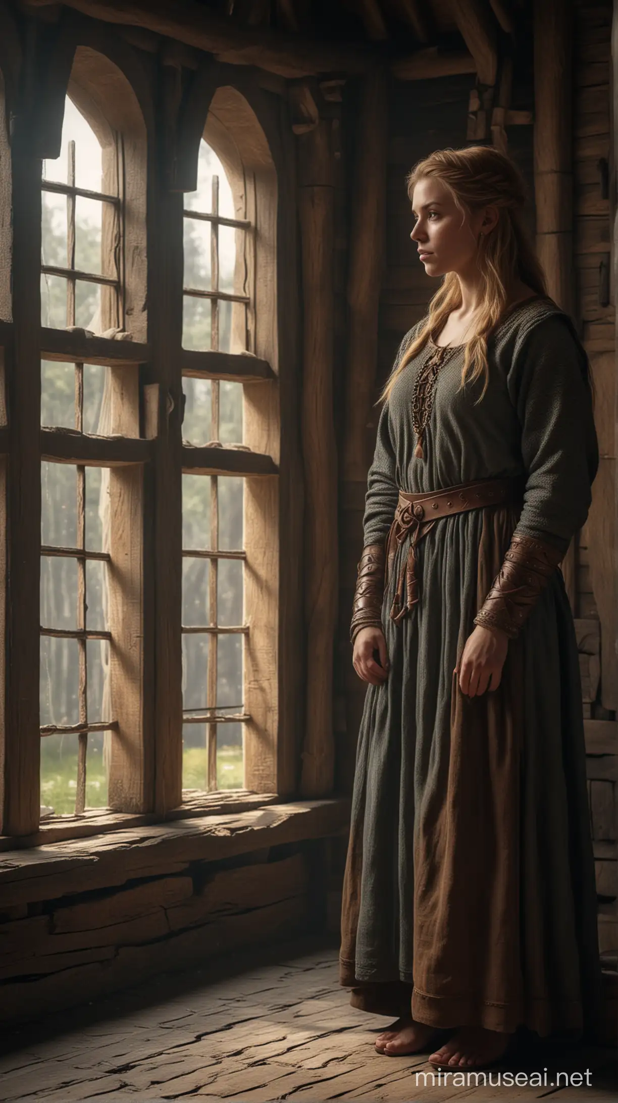 photo-realistic image of a (beautiful young viking woman in a mead hall in 890AD viking village, lonely gazing wistfully out of a window) meticulously detailed, dramatic, atmospheric, Hyperrealistic, HD 4K