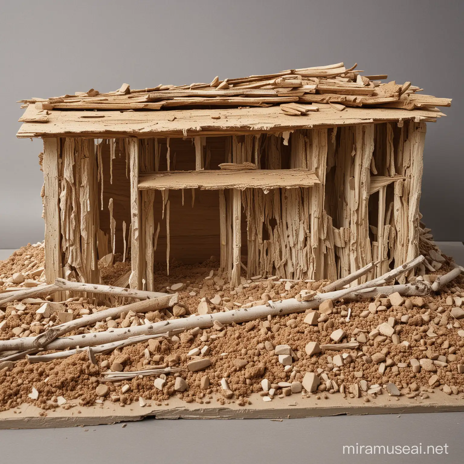  A model of the gap beneath a timber house that has been ripped up and transported away. The gap should be a cast set of layered materials combined with compressed birch bark. It should only be the gap the house has gone. It should be cast from plaster


