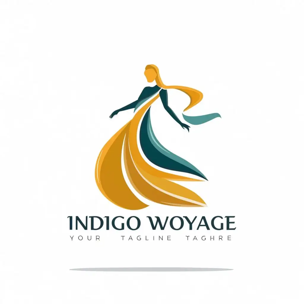 a logo design,with the text "indigo voyage", main symbol:Image: A silhouette of a woman in a flowing Pakistani dress.
Text: "Indigo Voyage" written in a stylish font that complements the silhouette.
Color: Indigo for the text and silhouette, with a splash of a vibrant Pakistani color like mustard yellow or teal.
,Minimalistic,clear background