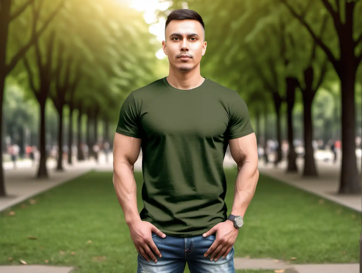 Detailed MockUp of a Standing Figure in Military Green TShirt in Park Setting