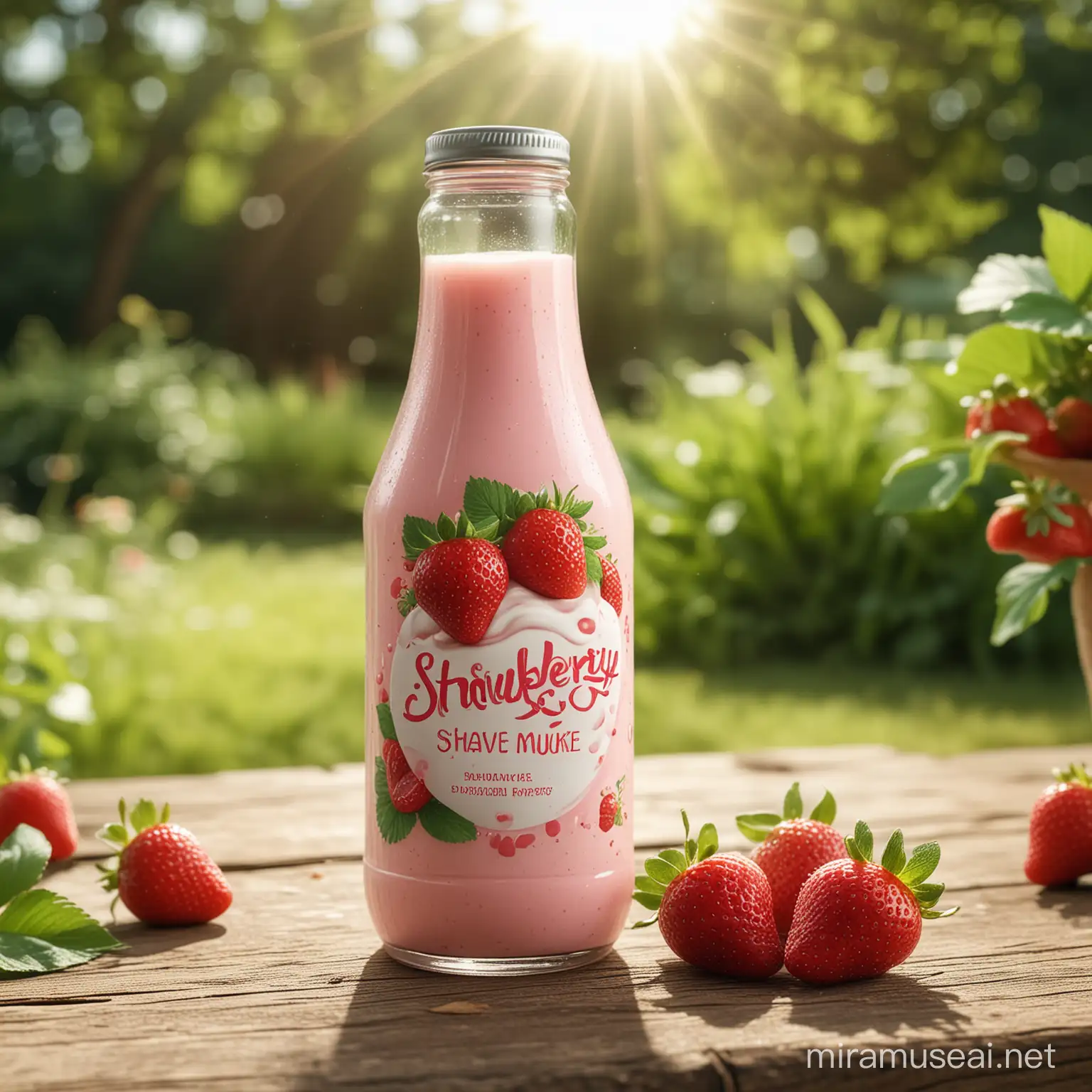 a picture of a milkshake cute bottle with label named strawberry shake text, product manipulation, milk splash from back of the bottle,  strawberrys blur foreground and green leaf ,background nature , bottle standing on a wooden table , sun peeps from the right corner ,dept of field, ultra realistic , 