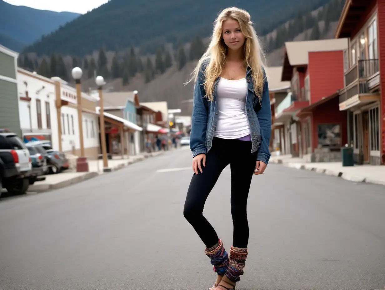 barefoot hippie, blonde, 25 years old, jeans jacket, white top, black leggins, bare feet, legwarmers in mountain town