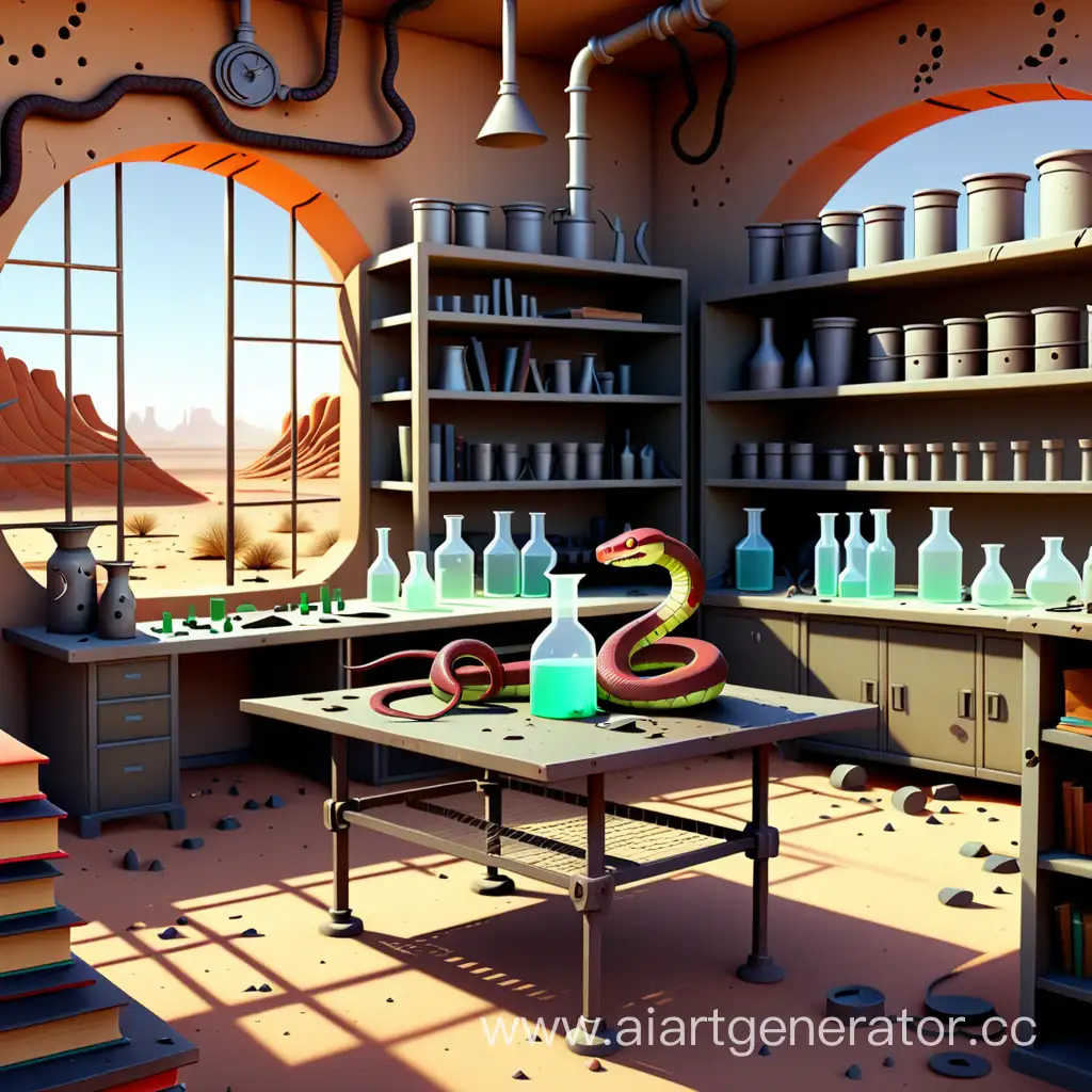 Анимированная заброшенная змеиная лаборатория под пустыней с железным столом, шкафами, минзурками, книгами 