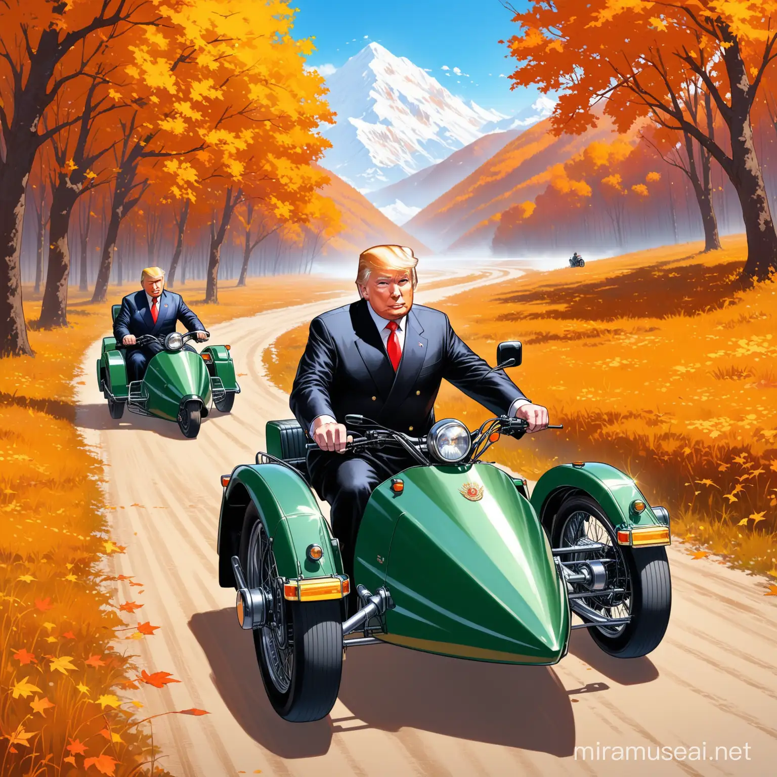future 2050 year, higher moutain position ,one 65years old real face putin  wear black  sleep robe and one putin   wear whiten sleep robe,  trump driving whiten huge 3 wheels Sidecar motorcycle  ,  soviet fareast dense higher grass , noroad, everywhere grass, 
 autumn , noon , lesser trees, moutain far,Fewer trees，