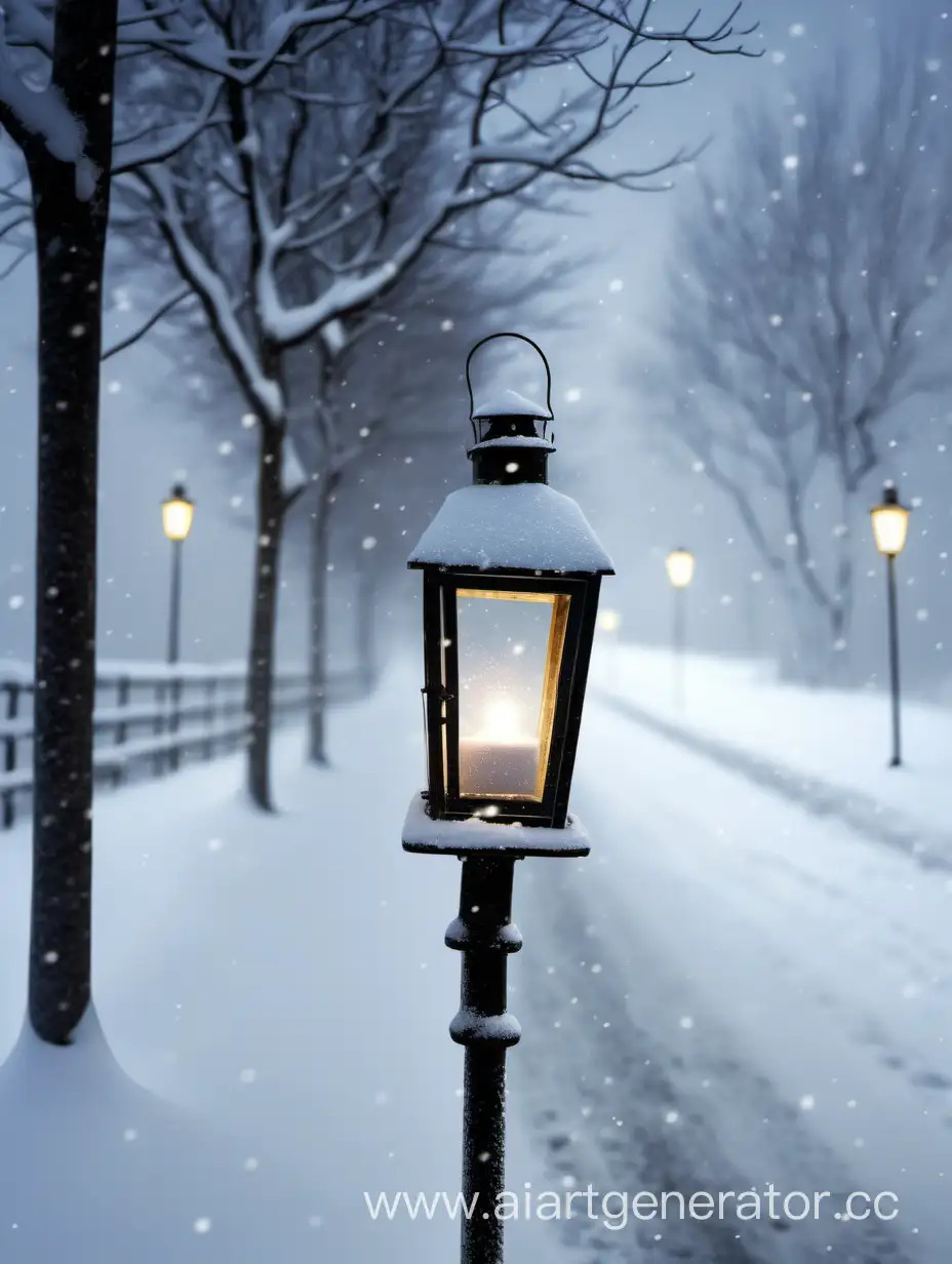 Зимняя дорога, идет снег, стоит фонарь,фонарь светит