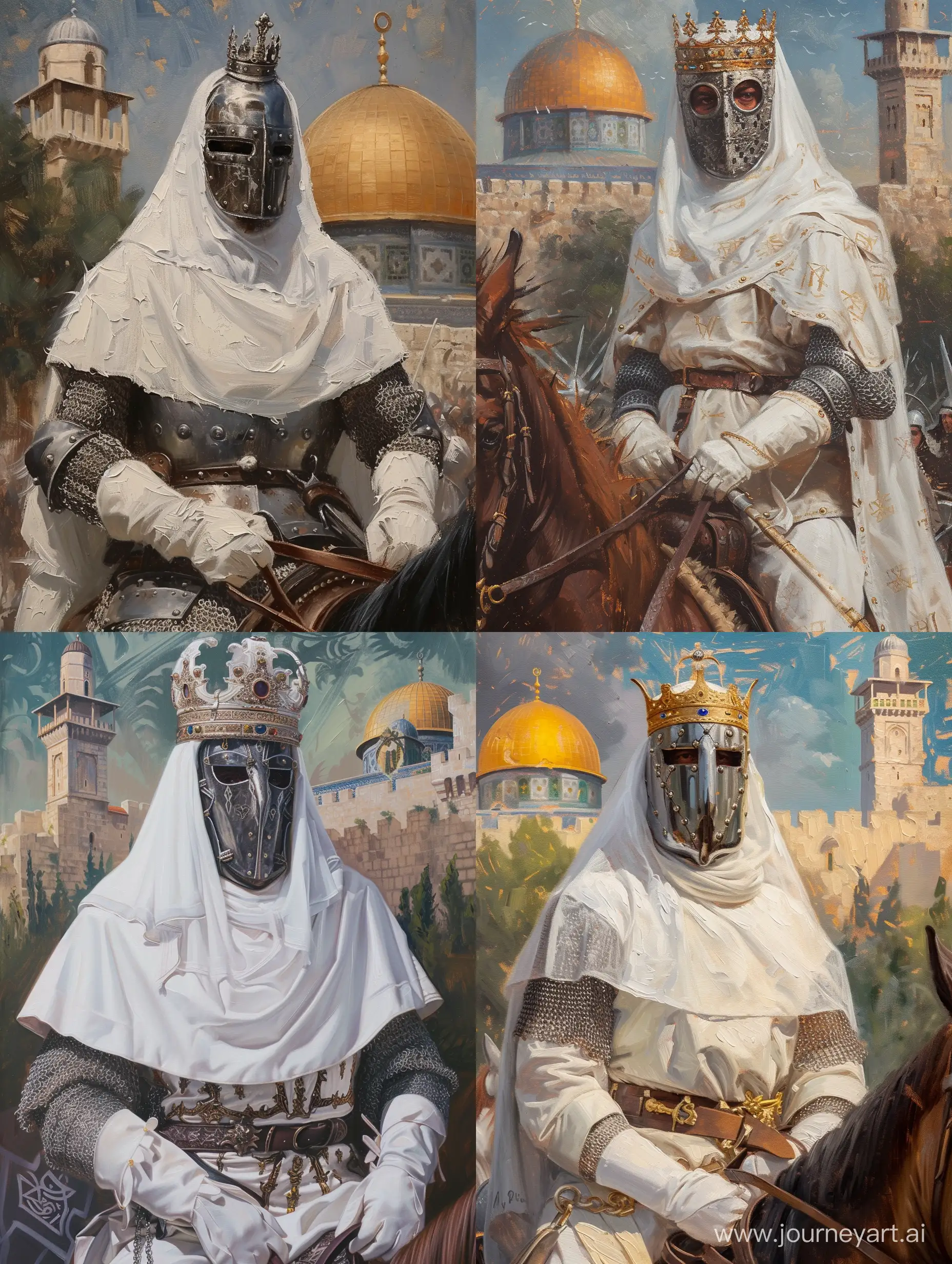 King Baldwin IV of Jerusalem. He is wearing white tabard over chainmail. Full face covering iron mask. White veil and king crown. White silk gloves. He is on his horse. Jerusalem themed background. Oil painting. Brush strikes.