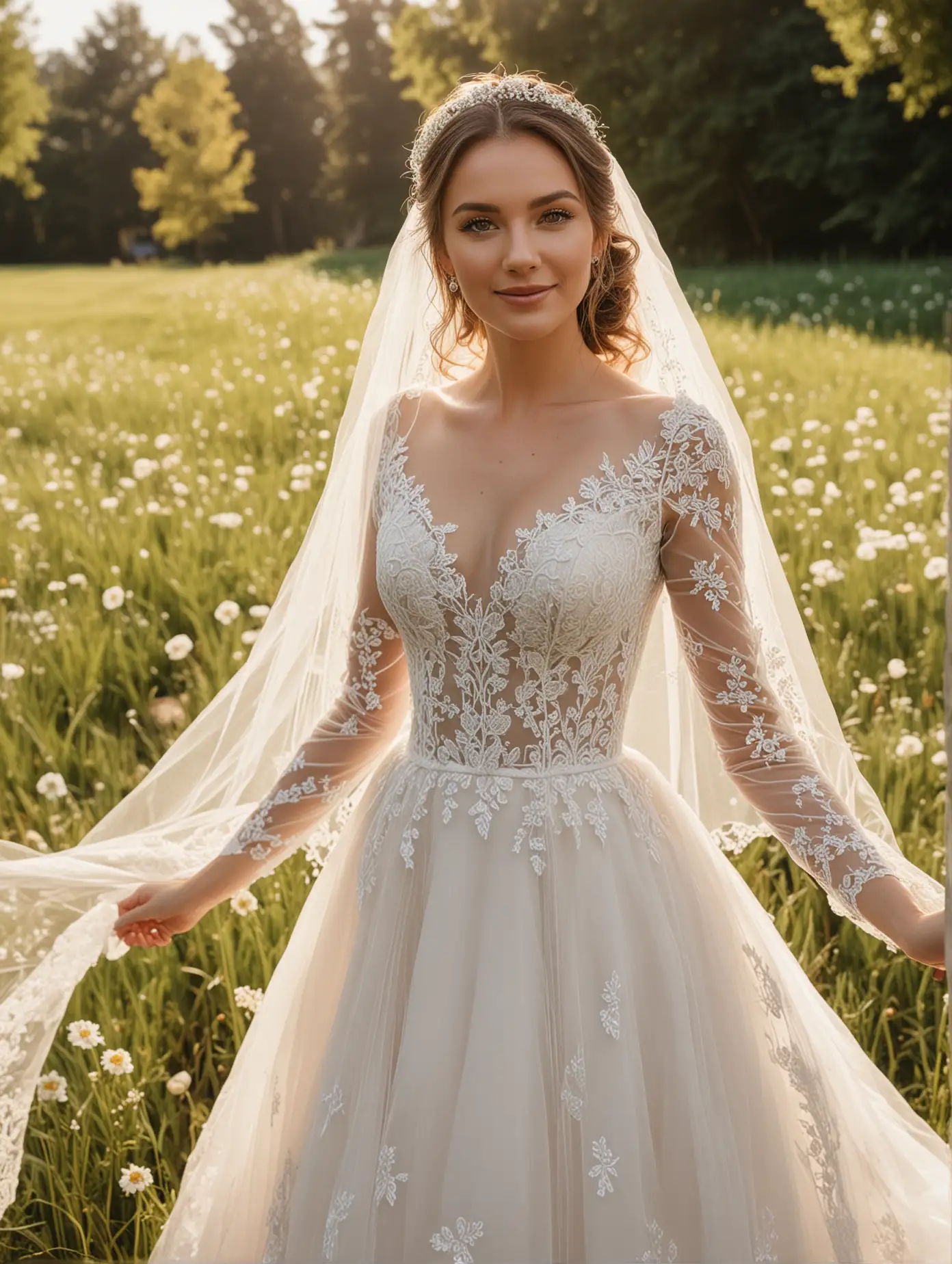 A beautiful bride is wearing a wedding dress and standing on the grass with flowers in her hands. She has elegant makeup, noble beauty, exquisite facial features, professional photography effects, and her face is radiating joy. Wearing a veil, her gown featured delicate lace details and a tulle skirt.