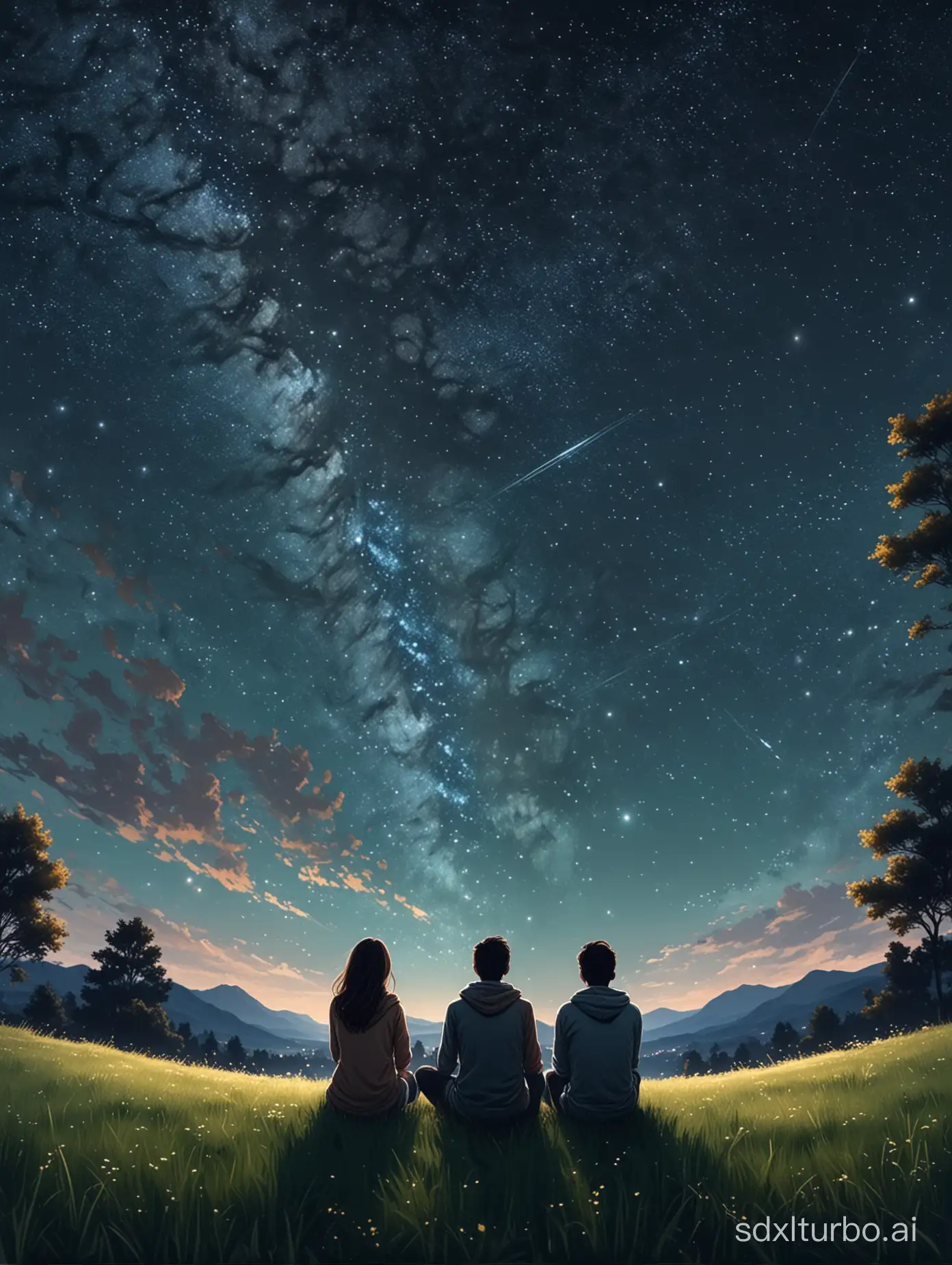 A couple sitting on the grass with their backs facing each other, above is a beautiful starry sky, illustration, distant view, 4K