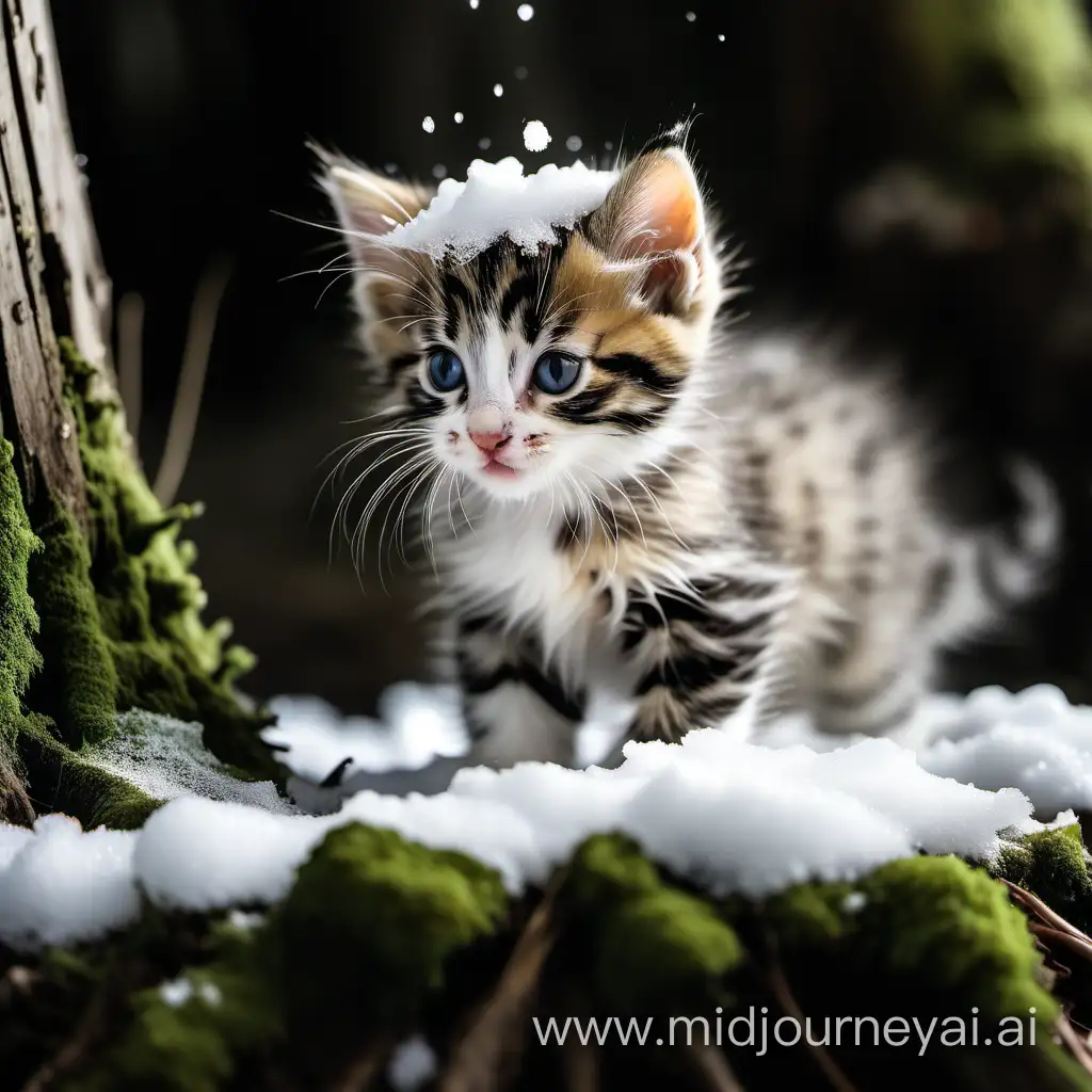 Adorable SnowCovered Kitten Playfully Engaging Under a Mossy Stump
