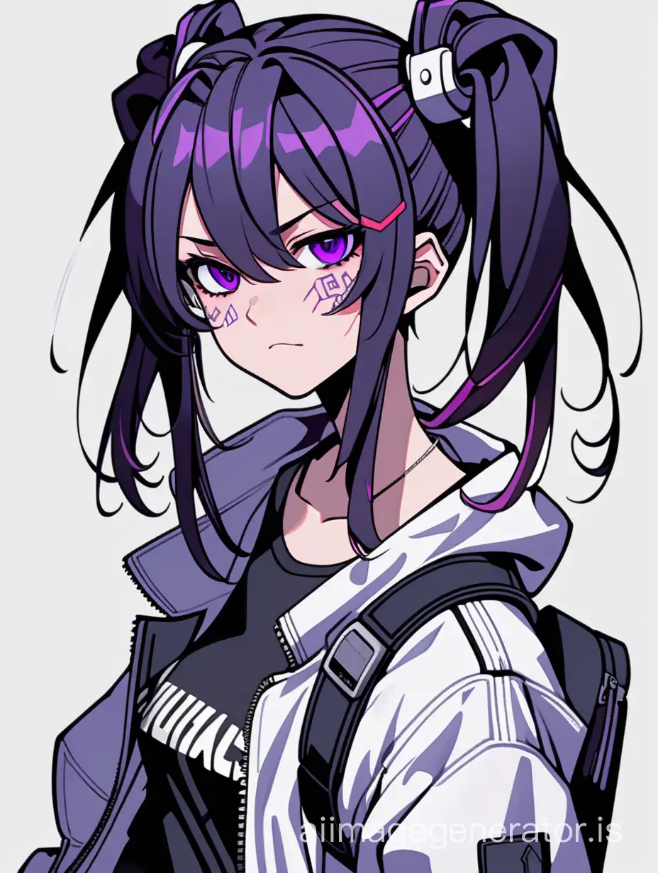 evil yandere smug, purple eyes, jet black messy twintails, rounded messy boyish hair around face, cyberpunk teachwear white oversized jacket, sharp cut lines artstyle, 2D stylized anime