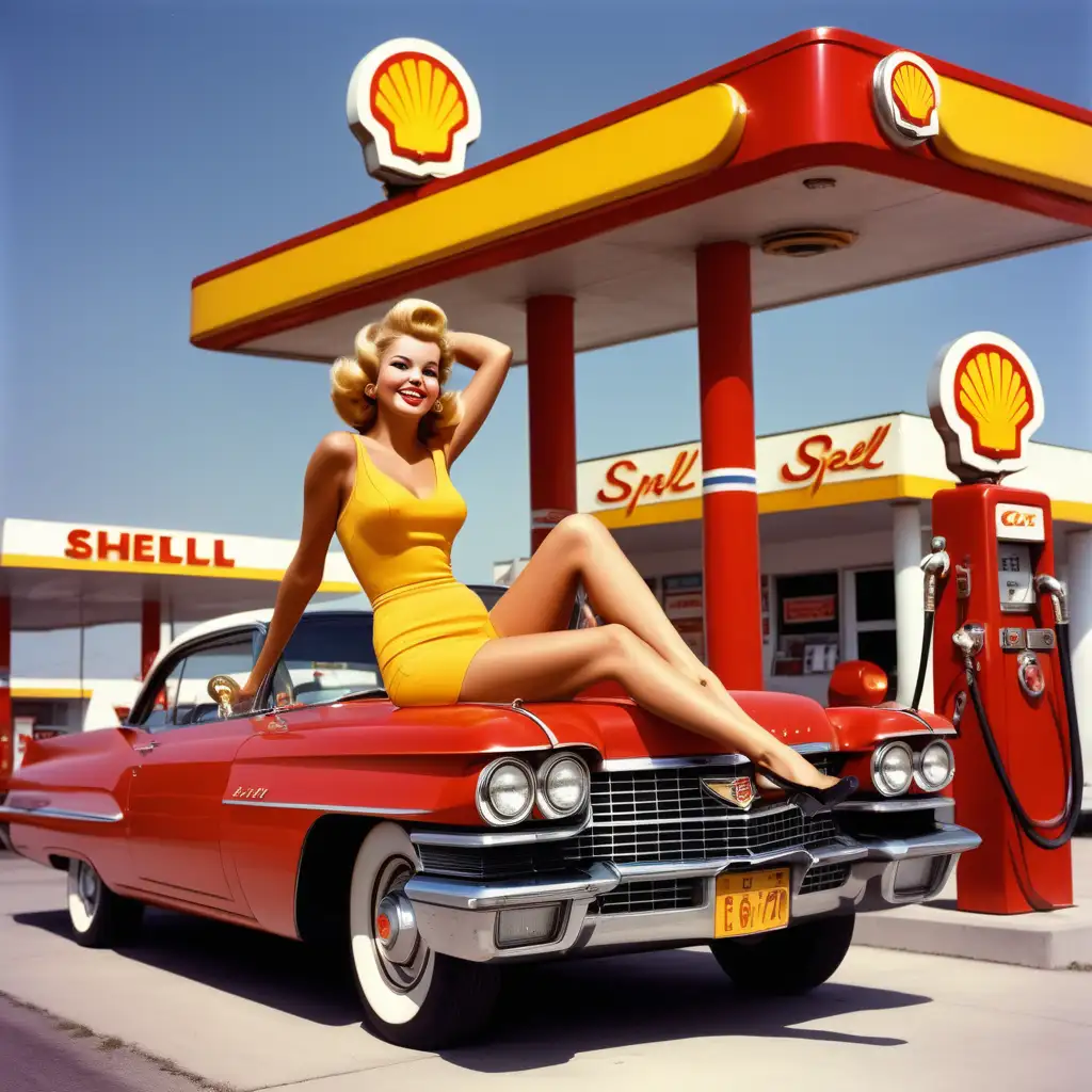 Retro Elegance Glamorous Woman on Spark Plug at 1960s Shell Gas Station