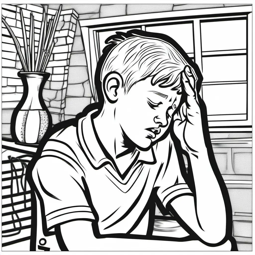 young boy with a headache, coloring page, black and white, high definition, ar 85:110