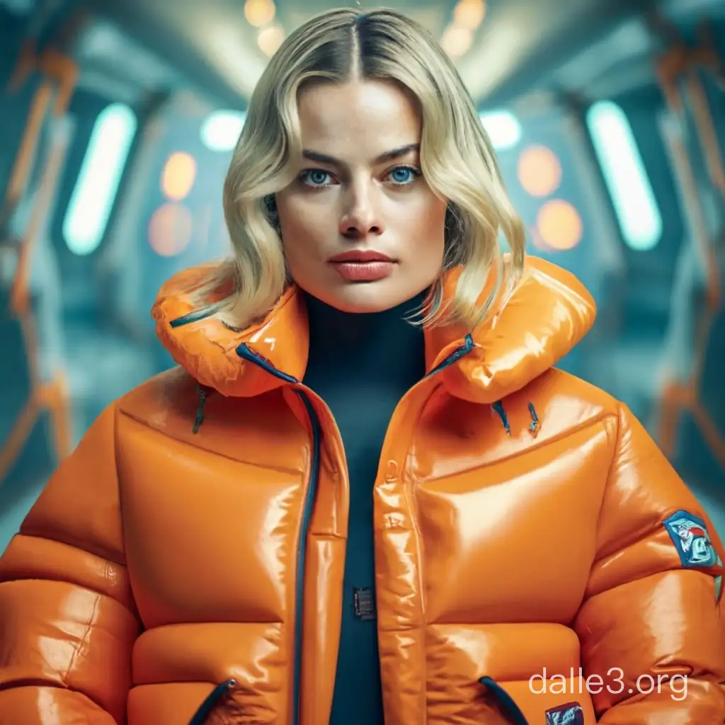 Margot Robbie., blonde, golden hair, giant bust, wearing an inflatable orange neon glossy puffer jacket, jacket with a spaceship cabin in the background, professional photo, 4k, high detail, high resolution, 30mm lens, 1/250s, f/2,8