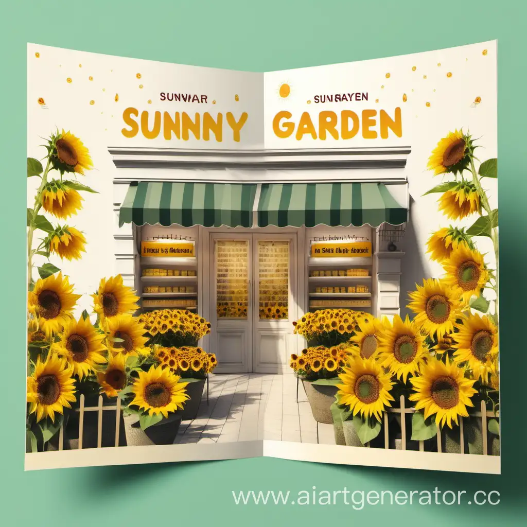 рекламный буклет магазина под названием солнечный сад с забором солнышком и подсолнухами 