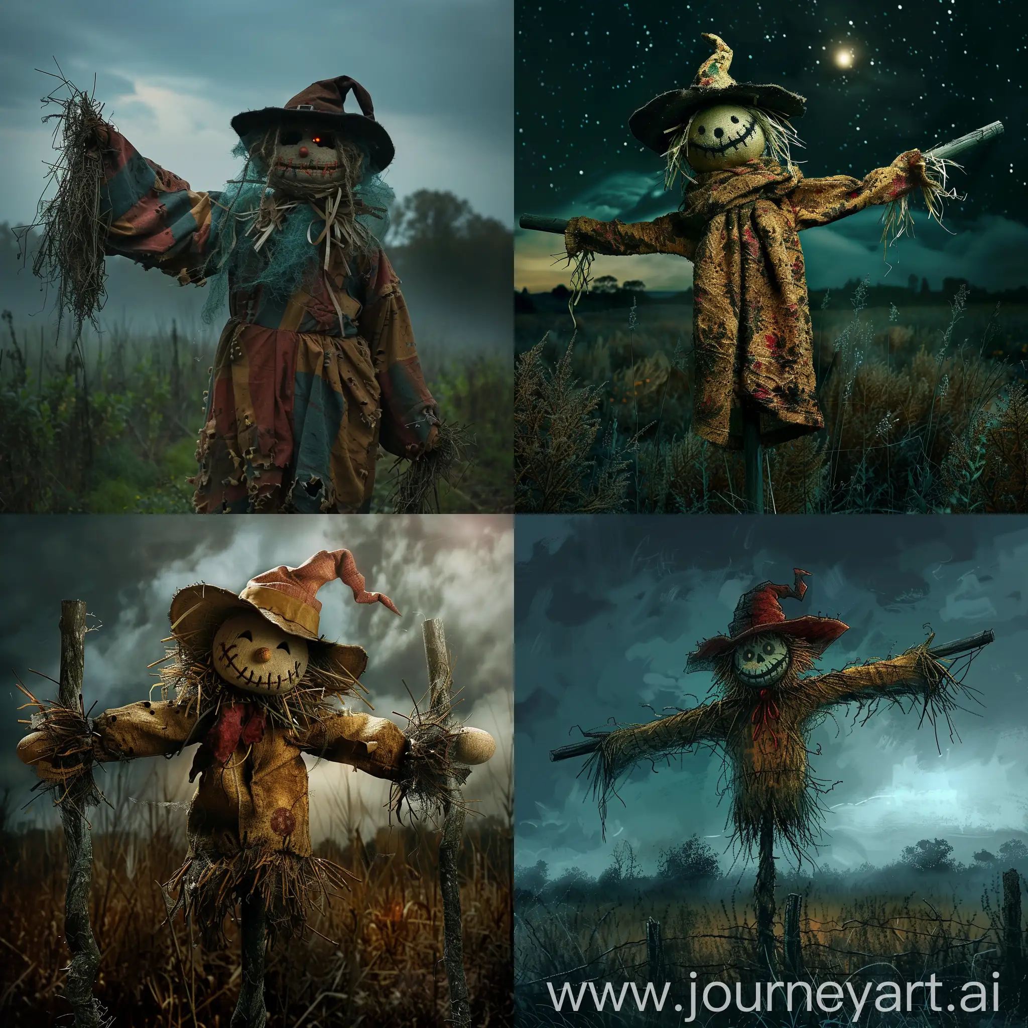A quirky, eccentric, friendly, and living scarecrow in a dark spooky field