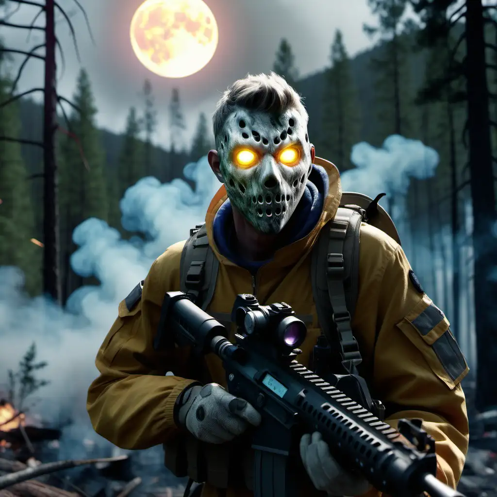 film Technicolor z 2023 roku, ultra realistyczne 8k, antropomorficzna postać z gry "Ghost" RileySimon z call od duty nakładka „The Amazing, białe oczy.", panorama las ogień dużo dymu, duży księżyc. --ar 9:16 --v 6
