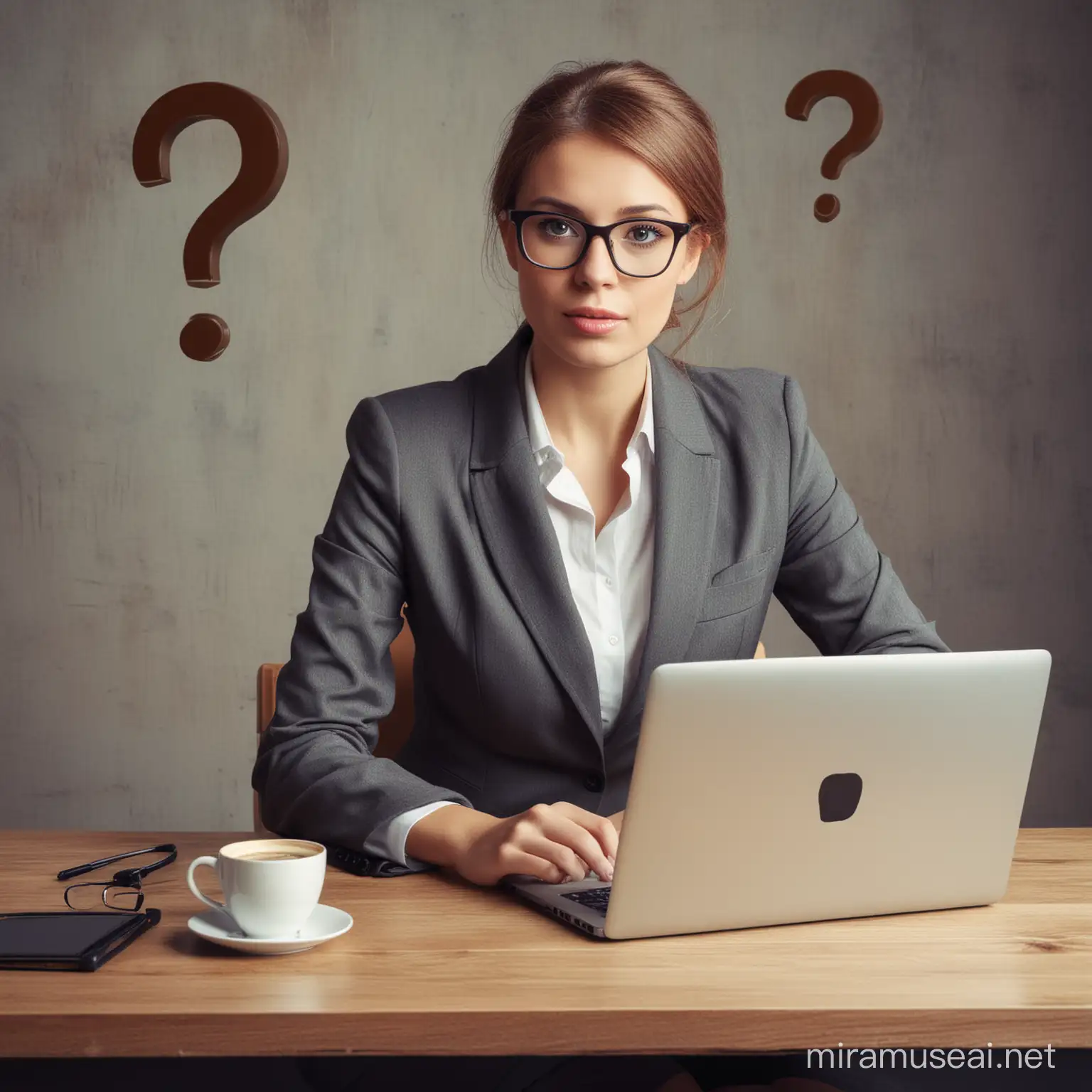 businesswoman with coffee, laptop and a question mark, 
