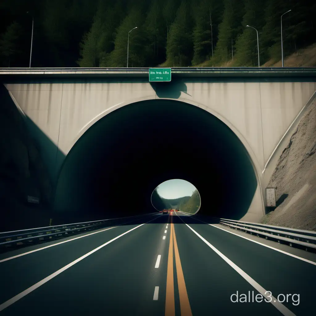 Create a low angle image  of a 4 lane divided highway running  from right to left in the image with a tunnel underneath the highway suitable for wildife. Include deer 