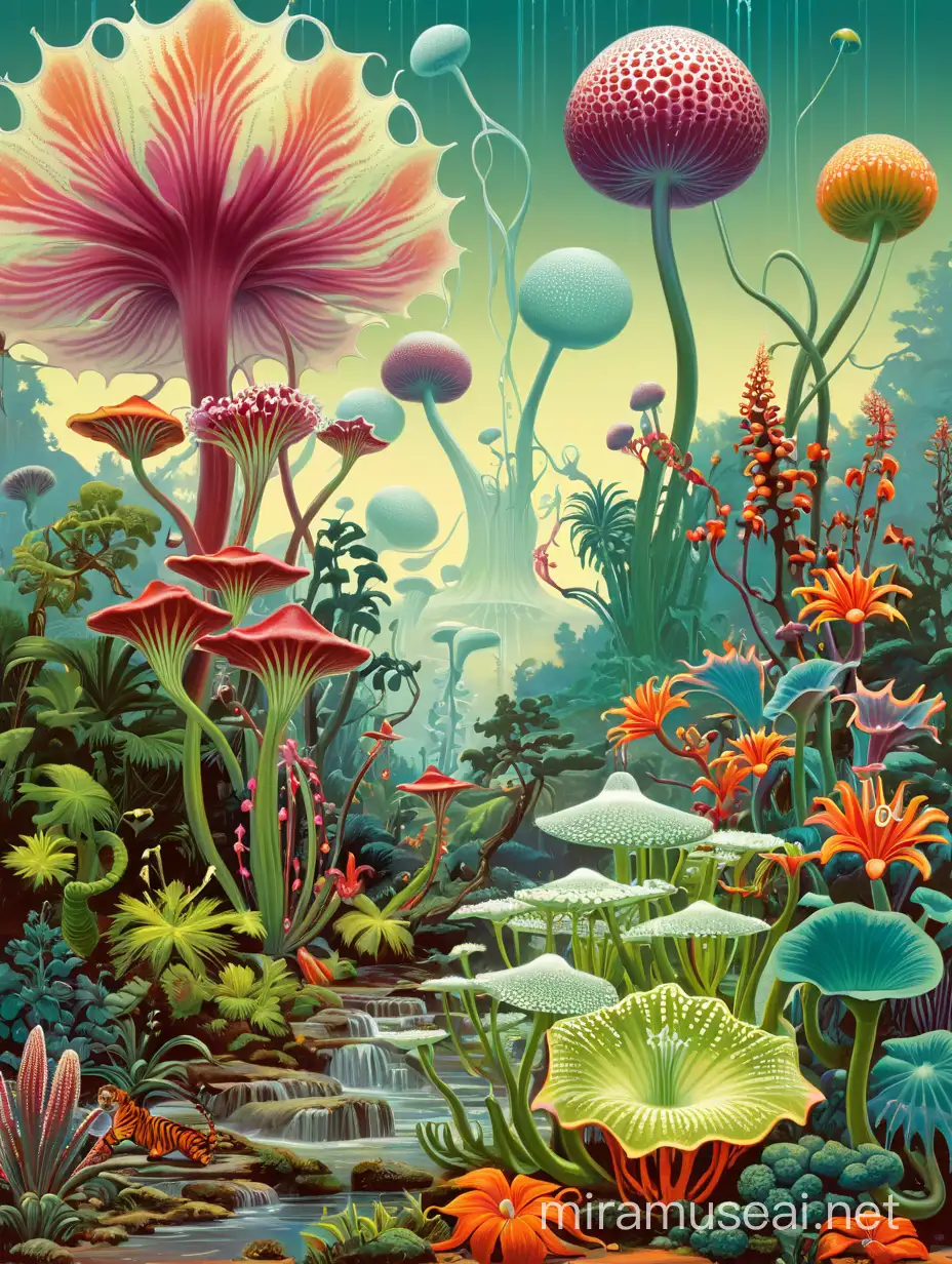 Hans Haeckel landscape jungle rain carnivor plants racines flowers. Paint them in the flat colorful style of Gil Elvgren and other colorful pinup artists of the 1950s. Deadly Alien flowers are in the foreground that have interesting details and colors. Poisonous Fractals,  radiolaria, and diatoms trees can also be seen. Leave discreet places in the front for humans to be added at a later time. Show distances to show depth. A strong wind disturbs the plants. Add a tiger chasing a man
