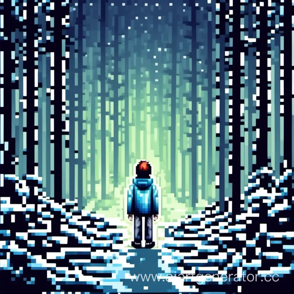 Пиксельный стиль 32 бит: Мальчик кричит, позади него страшный холодный зимний лес