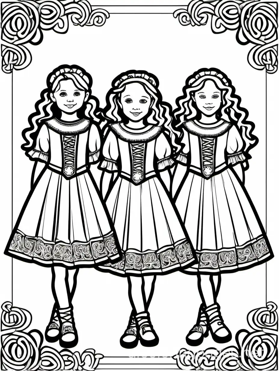 Irish dancers in traditional costumes
 for St. Patrick's Day for kids dont coloring
, Coloring Page, black and white, line art, white background, Simplicity, Ample White Space. The background of the coloring page is plain white to make it easy for young children to color within the lines. The outlines of all the subjects are easy to distinguish, making it simple for kids to color without too much difficulty