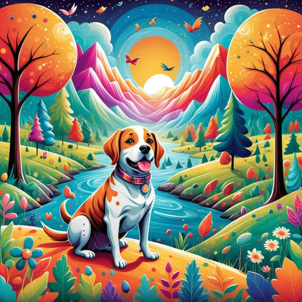 "Create a whimsical and colorful design featuring their favorite ,dog, vibrant landscapes, or imaginative characters, sparking joy and creativity 
 
