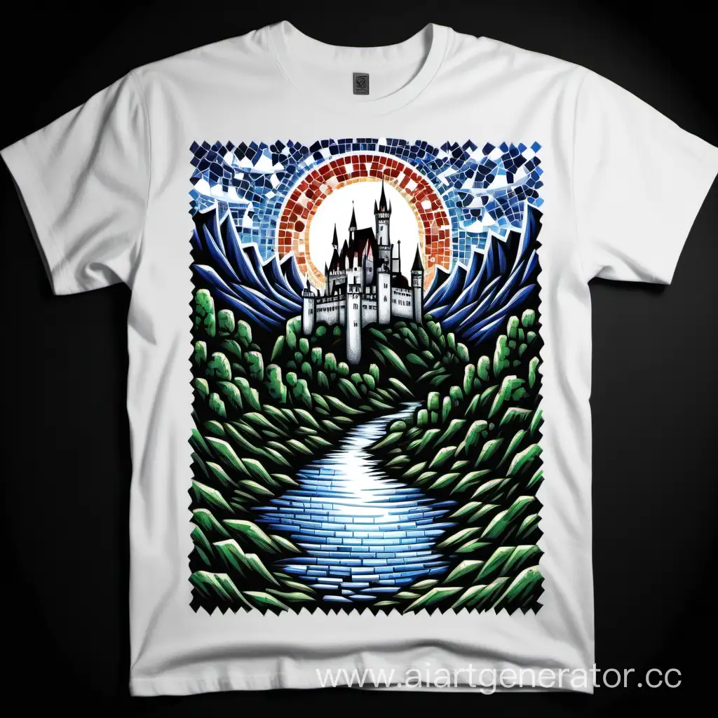 Mosaic-Illustration-of-White-Dracula-Castle-by-the-River-on-TShirt