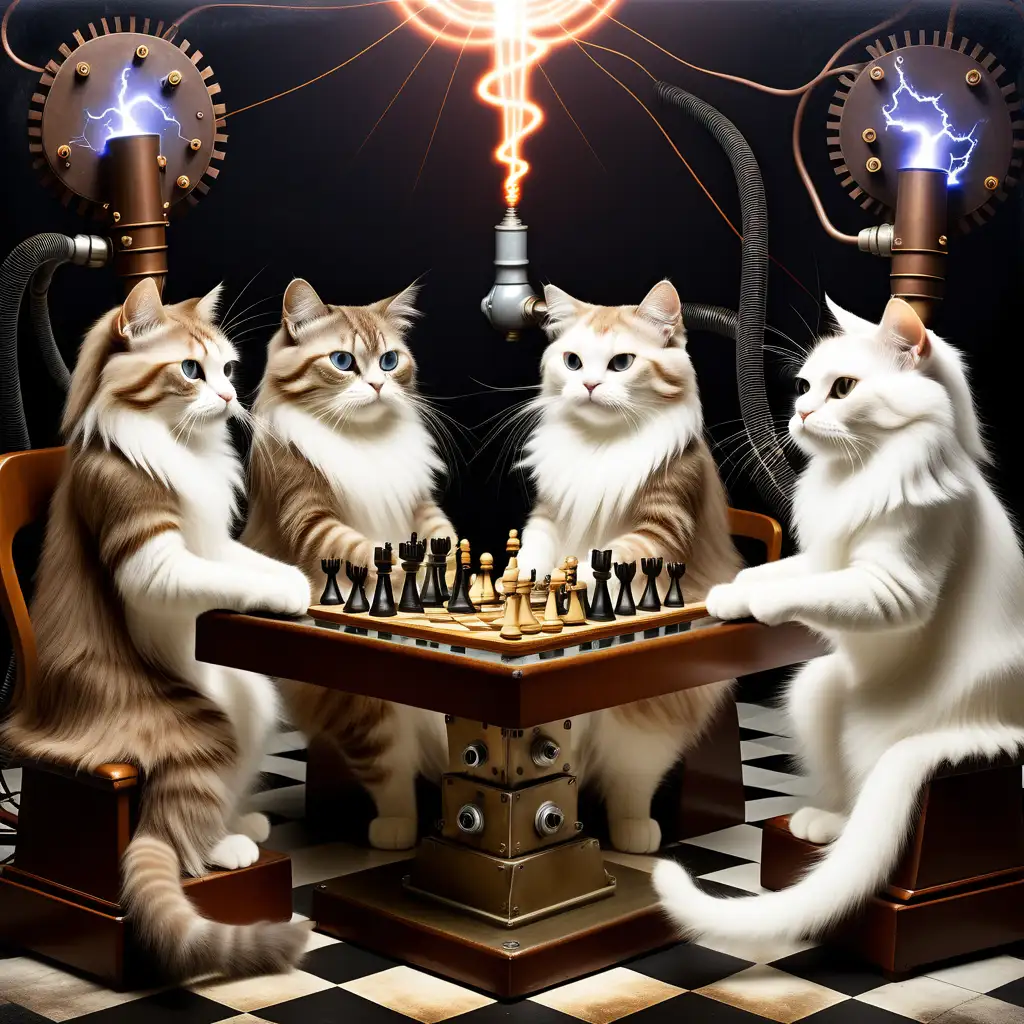Dali style surrealistic image of exactly 4 longhair cats playing chess in an steampunk electrical lab with a tesla coil. 2 cats are white. 1 cat is black and 1 cat is brown. All cats have a white belly and a white chin.