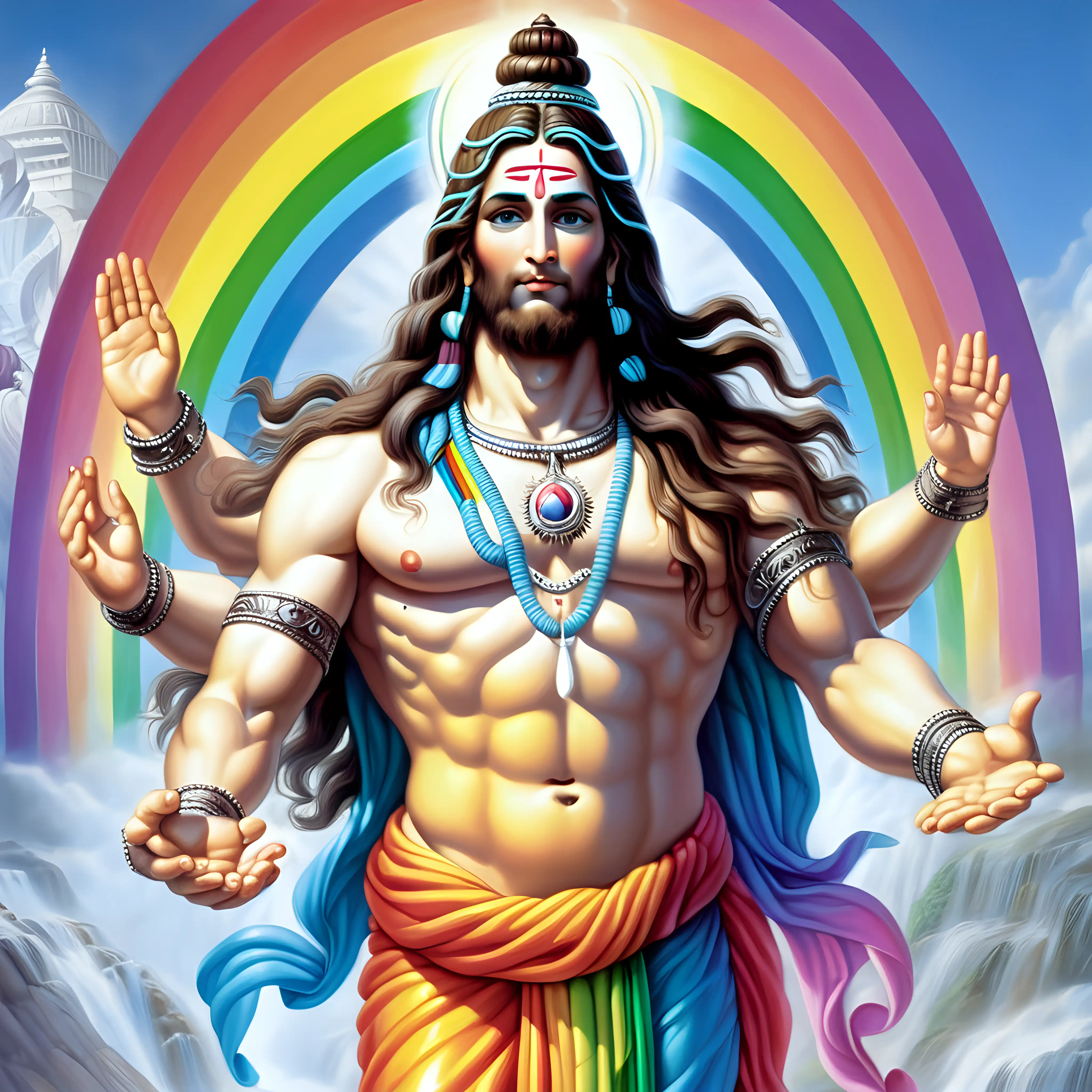 Divine Fusion Jesus and Lord Shiva Embracing Under a Radiant Rainbow