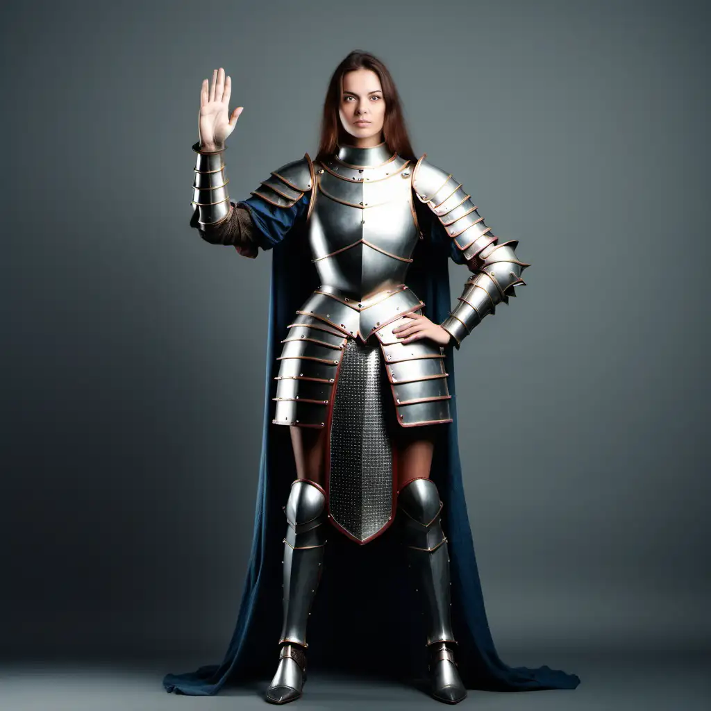 Beautiful Woman in Medieval Armor Making a Commanding Stop Gesture