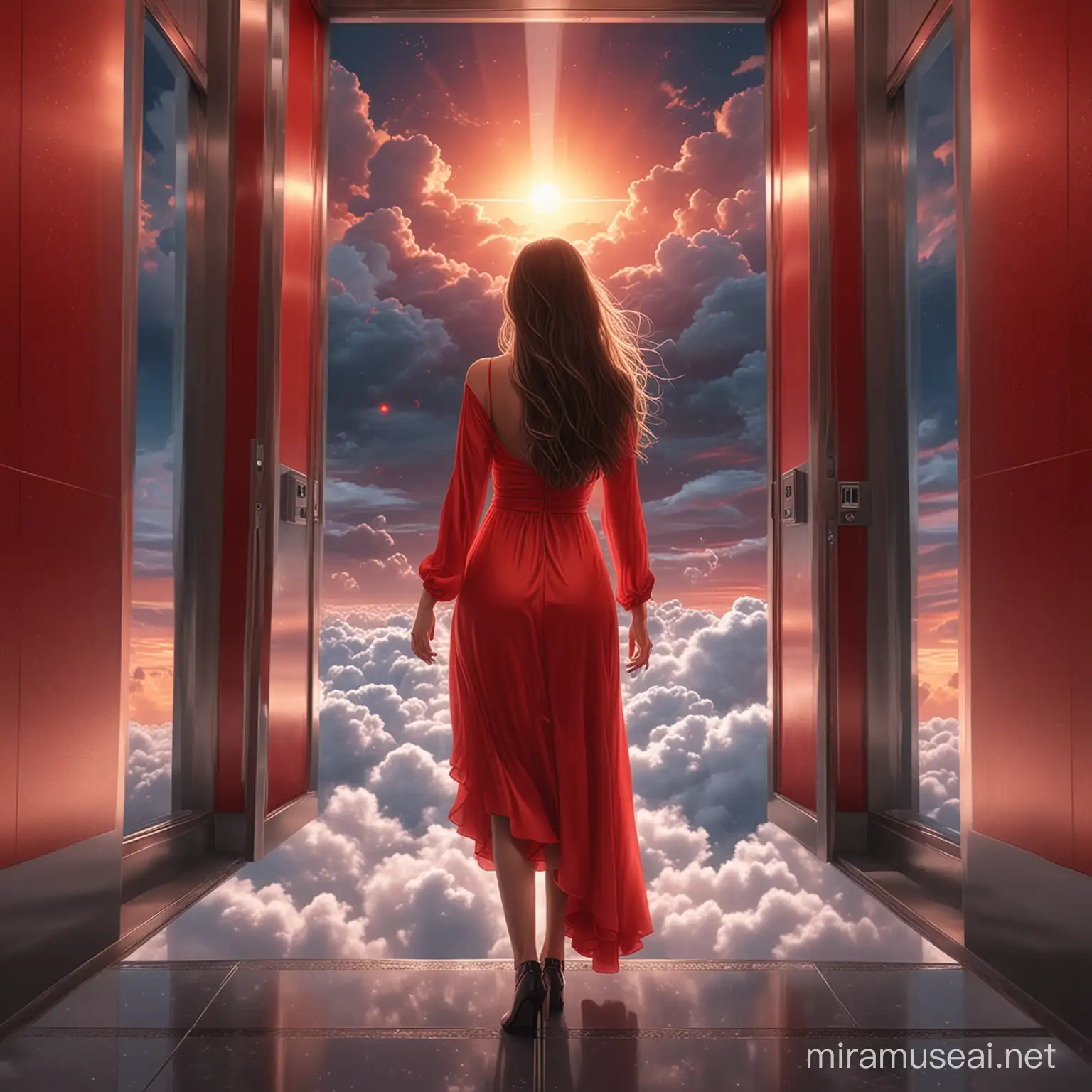 3D 8k minimal realistic illustrator minimal beauty woman with long hair inside the elevator getting up on the top of the huge building near to the clouds shinning and glittering with her red beautiful light lighter dress with the amazing sunset