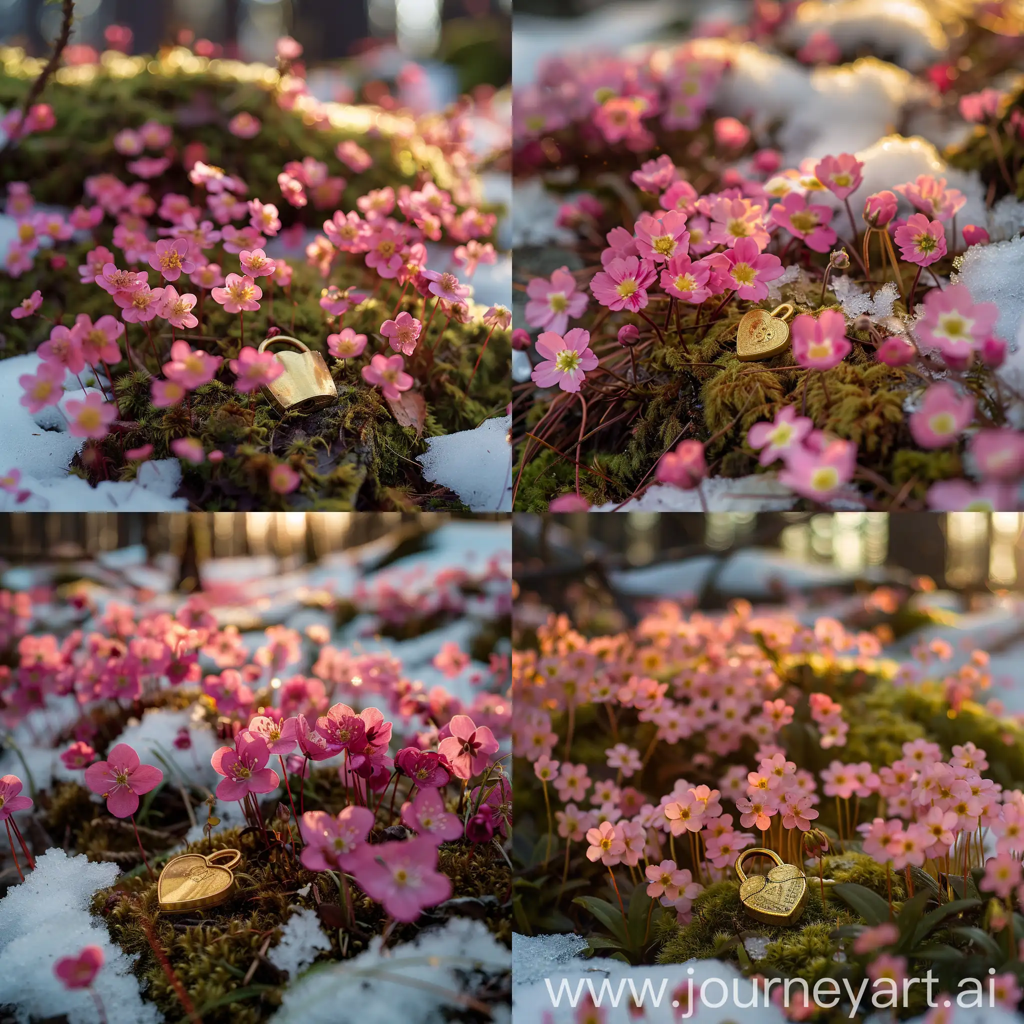 Много мелких розовых цветочков, в них лежит золотой навесной замок в форме сердца,островки снега мох в лесу, утреннее солнце ,профессиональное фото , высокое качество , ultraHD