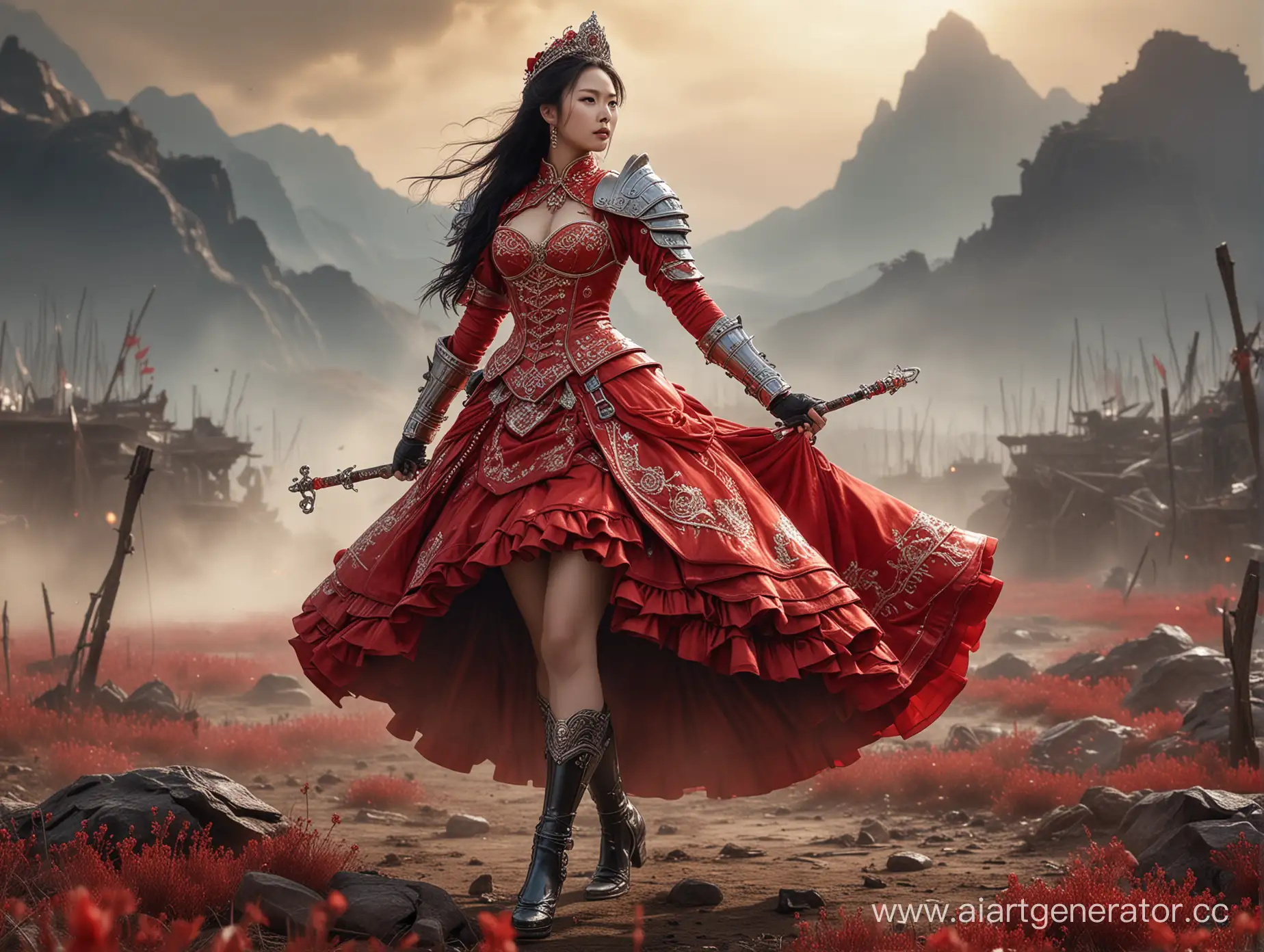 Warhammer-Fantasy-Battle-Woman-Miao-Ying-in-Red-Titan-Armor-on-Blazing-Battlefield