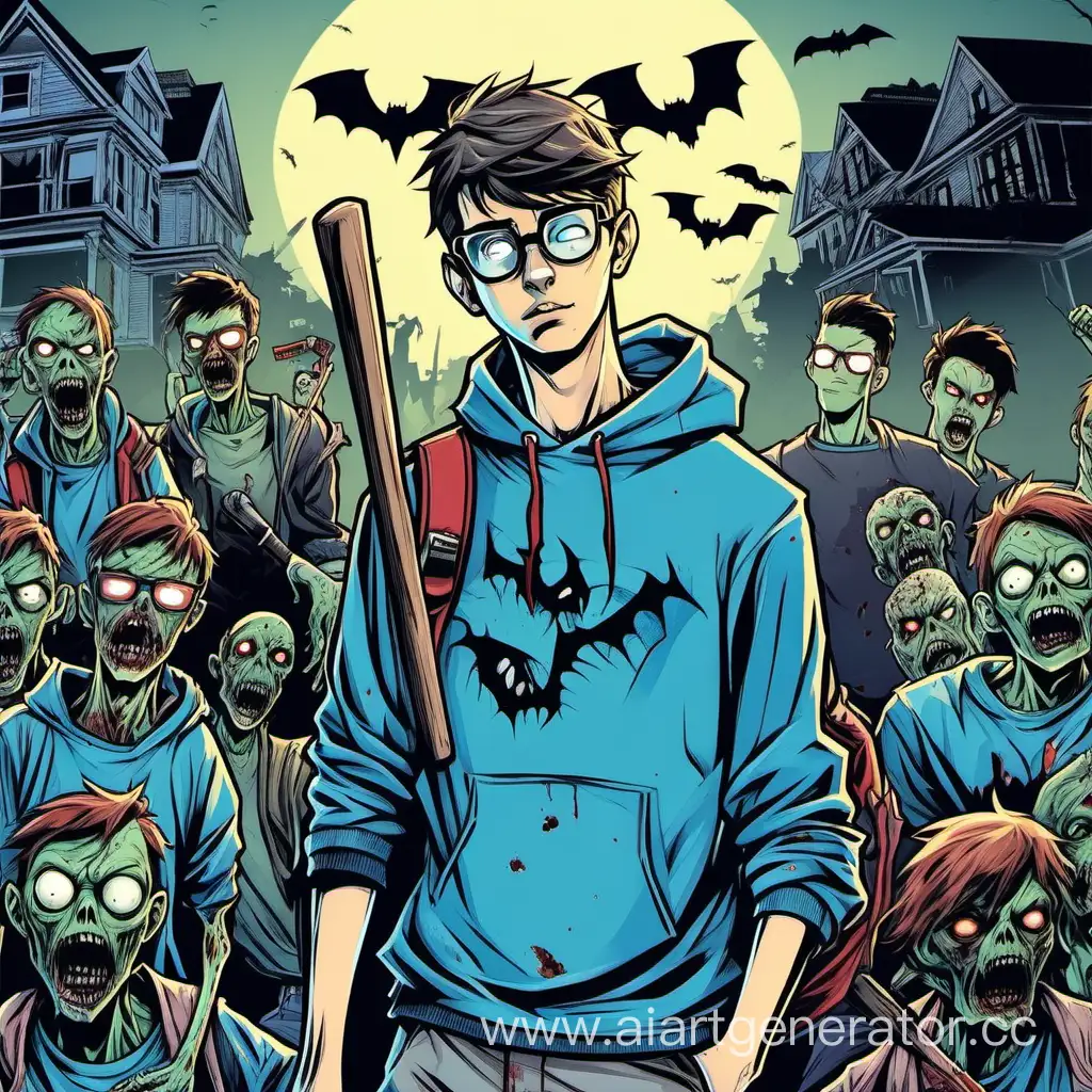 Красивый парень старшеклассник в очках и синей толстовке с битой на фоне зомби апокалипсиса