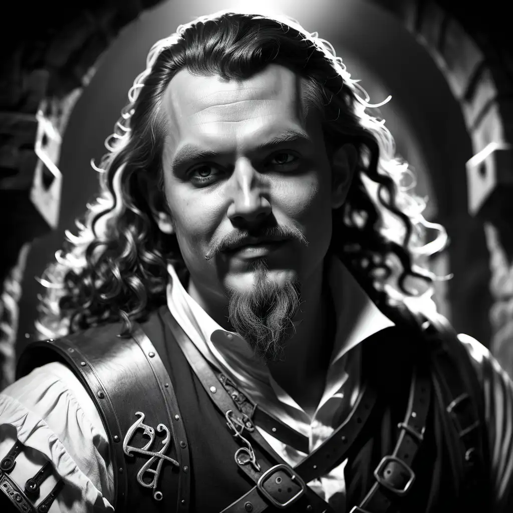 Monochrome Portrait of a Male Bard Inspired by Dungeon Crawl Classics