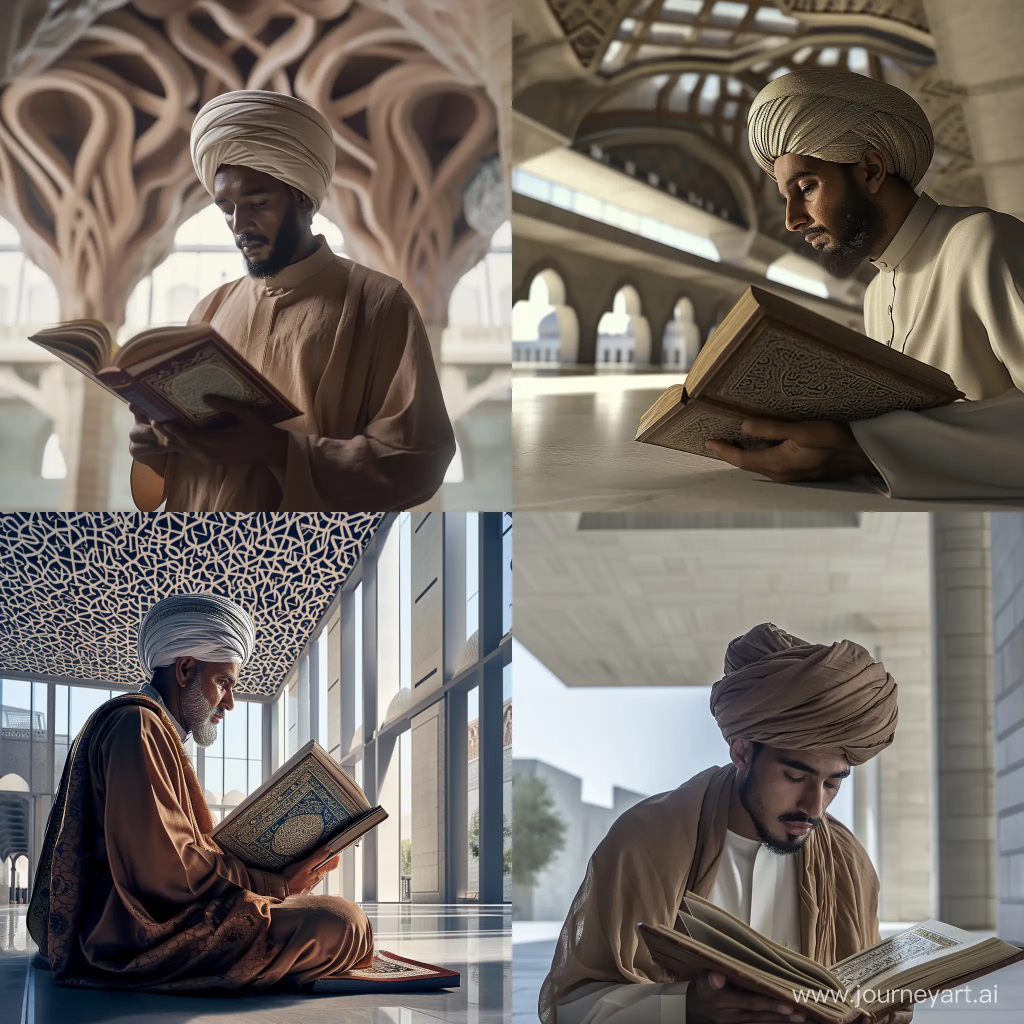 ultra realistic, a man wearing a turban while reading the Quran, modern mosque, canon eos-id x mark iii dslr --v 6.0
