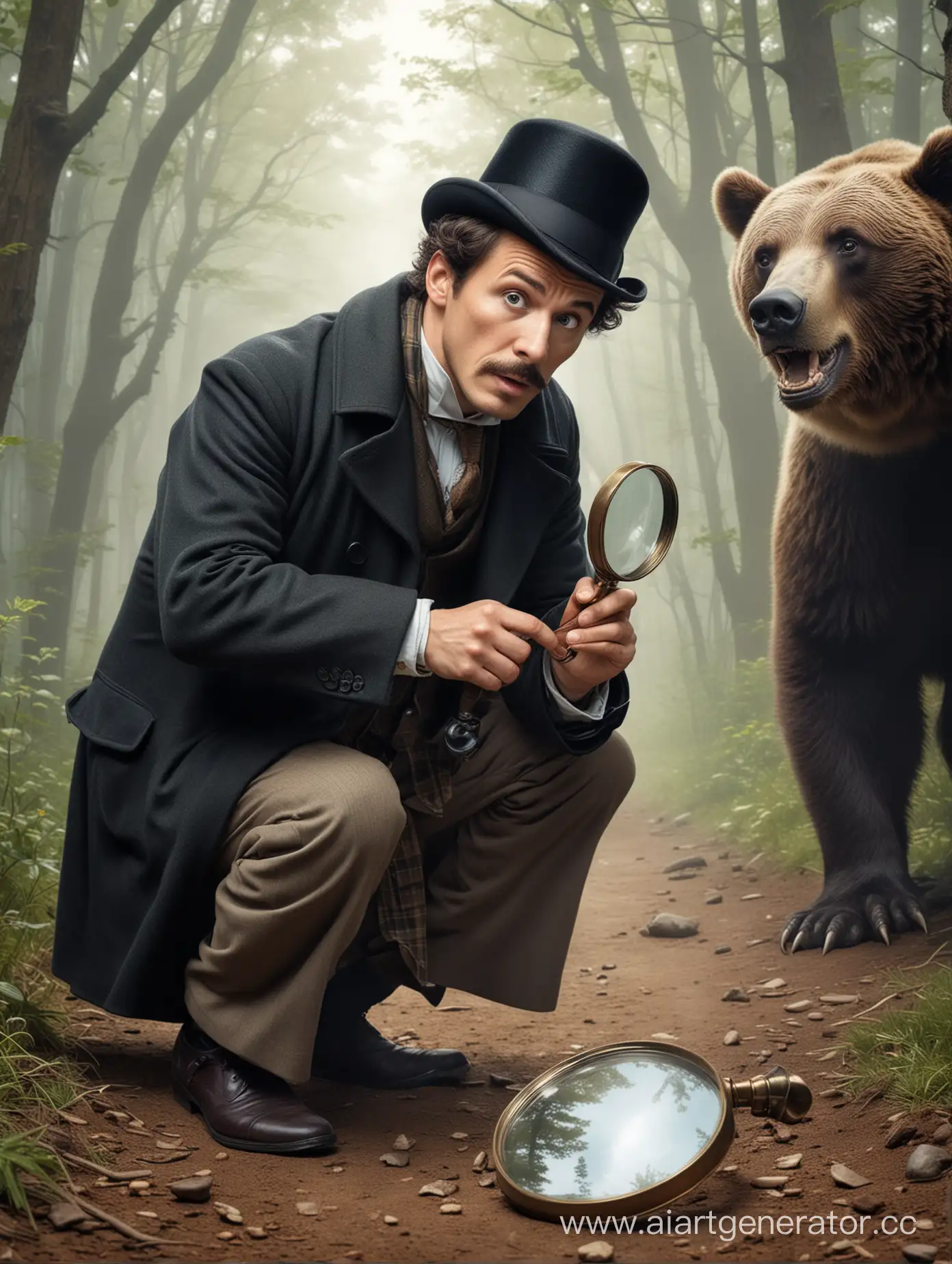 An attentive and surprised Sherlock Holmes crawling on his knees through a large magnifying glass examines the trail of bear 