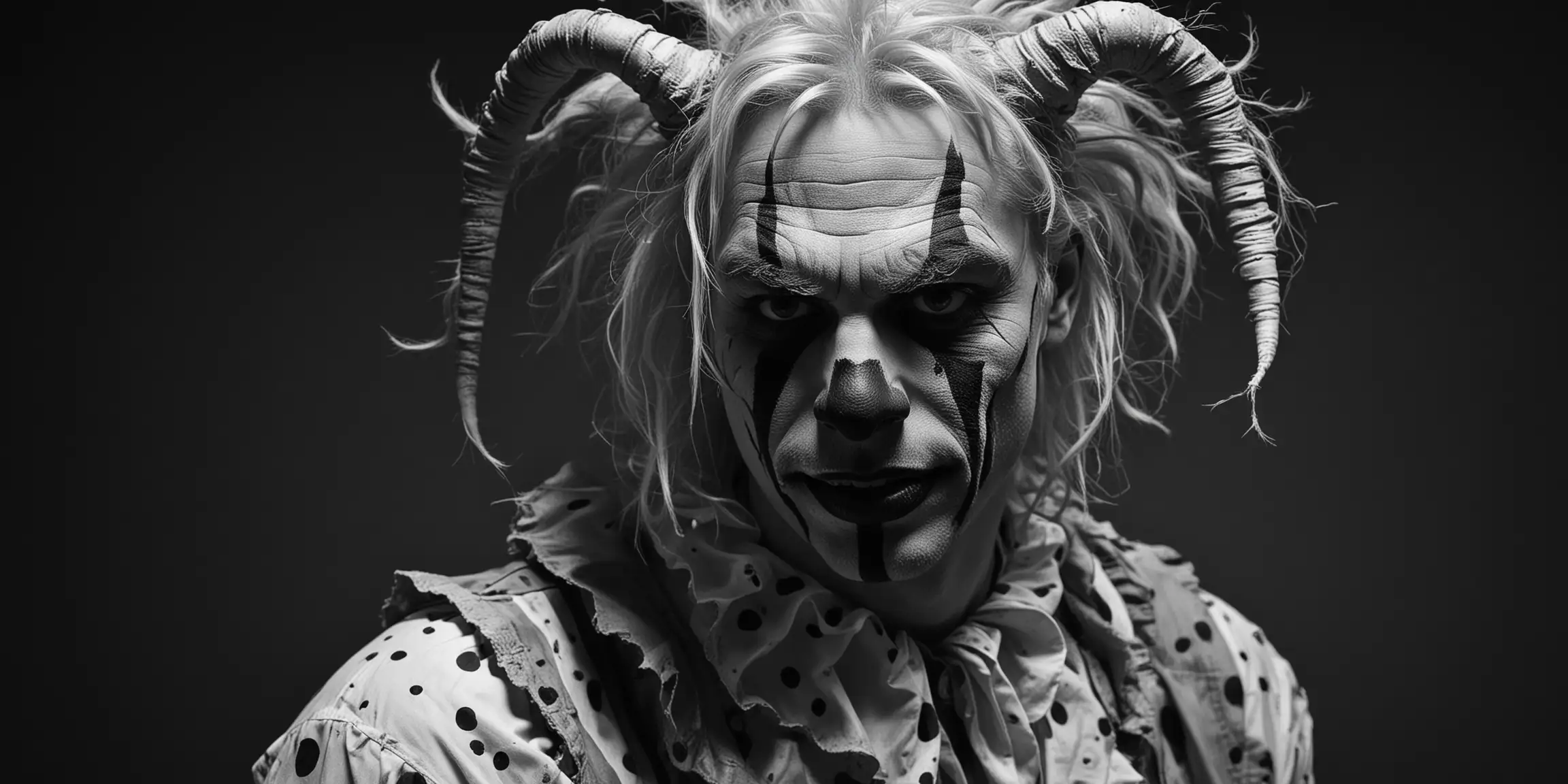 editorial, top of body, clown pants, model, surreal, silly, crazy, powerful sad guy, very depressed, black and white, black background, dark figure, scared, upset, disturbed, creepy white face paint, fair light white skin, with many long wavy horns, freak, danger, clown, laughing, side profile, surreal art photography, devil, demonic, charcoal, bipolar disorder, depressed, dark, sad, evil, lonely, look away, side profile