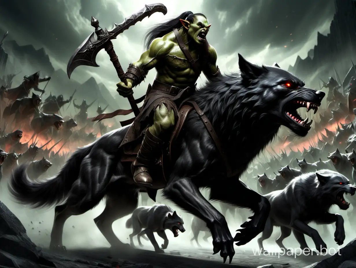 The evil orc is riding on a black wolf into battle