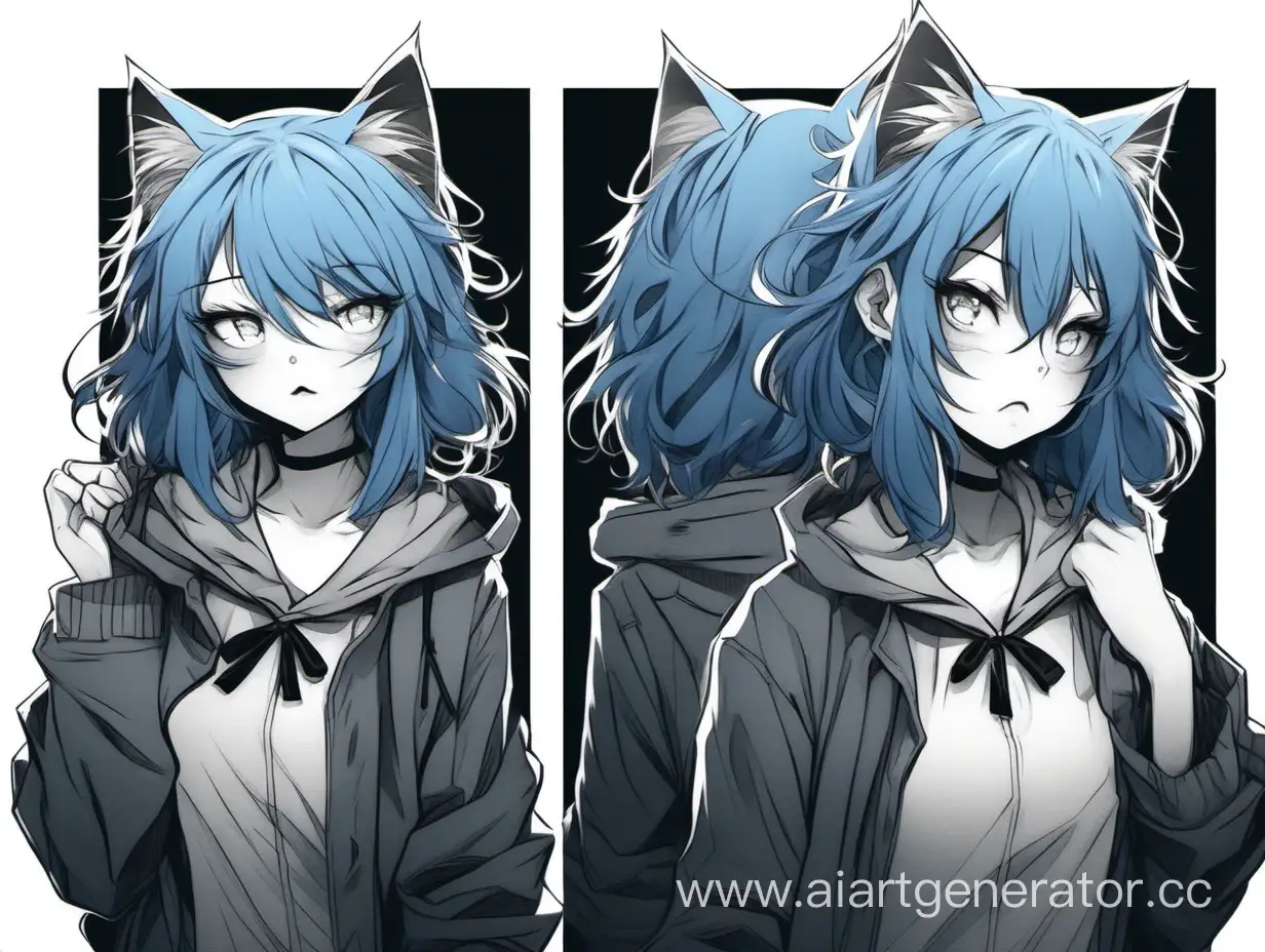 Девушка кошка с синими волосами, три фрейма, на первом и последнем она несчастна, в черно-белых тонах, выглядит потрепанно, на втором в праздничной одежде