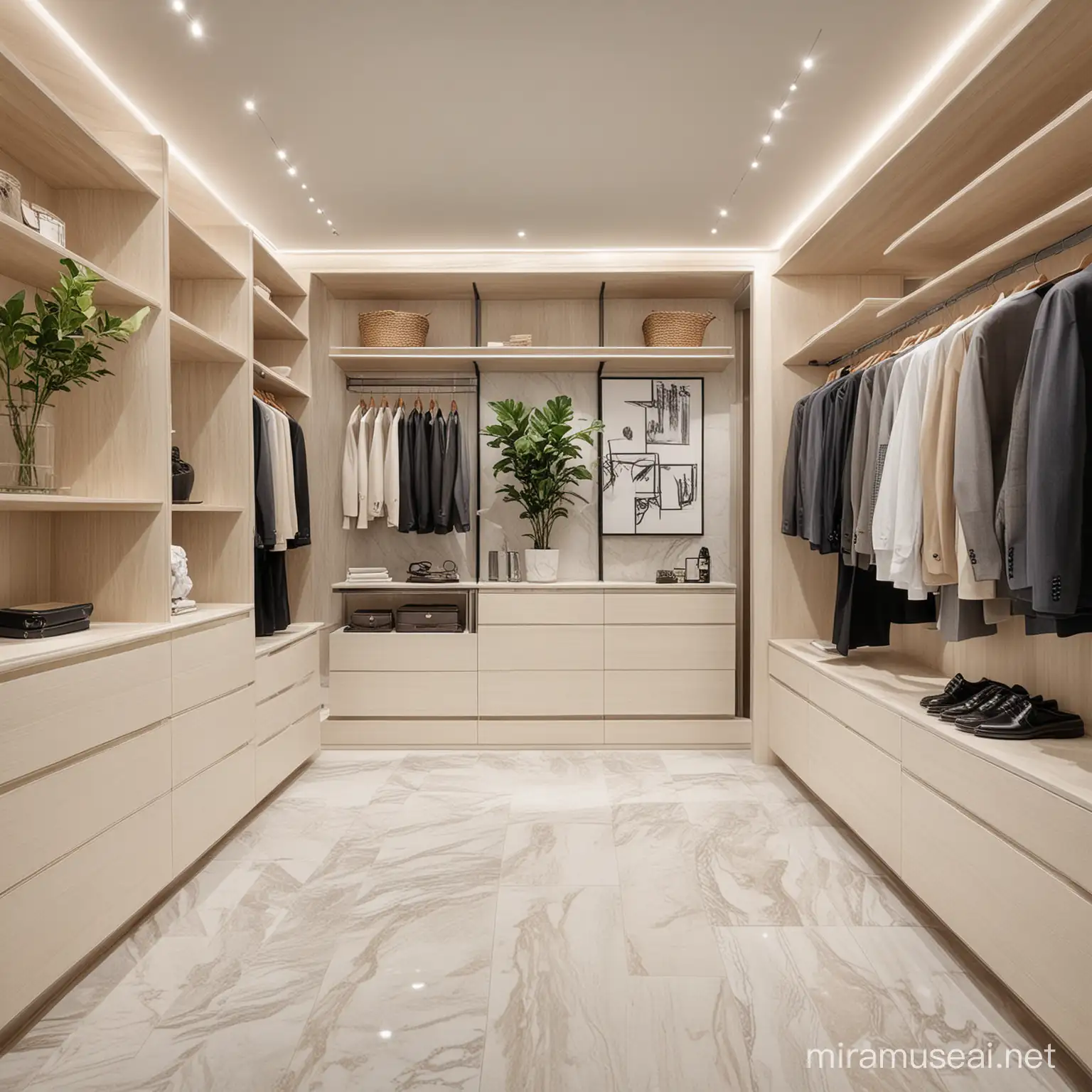 Design of a modern walk in closet, mens closet, cabinets made from light cream colored woodgrain laminate, white marble floor, aesthetic and realistic, professional business clothes and suits neatly hung, seating area in the middle of the closet, add some foliage or flowers.