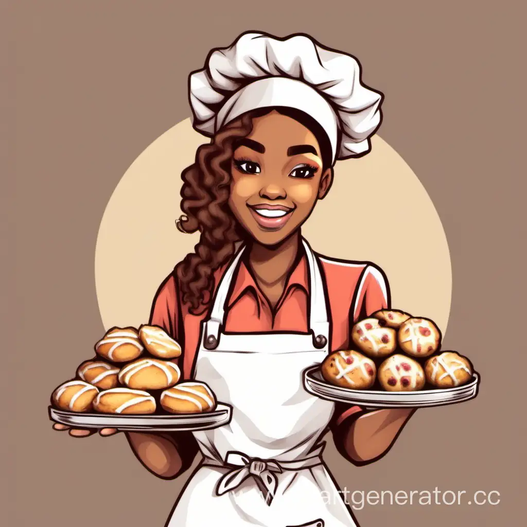пекарь девушка  со светлой кожей   с выпечкой в руках