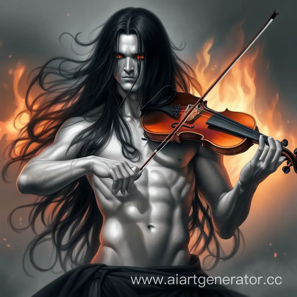 Скрипач, мужчина, голый по пояс, длинные черные волосы ниже плеч, серая кожа, огненные глаза, жанр фэнтези