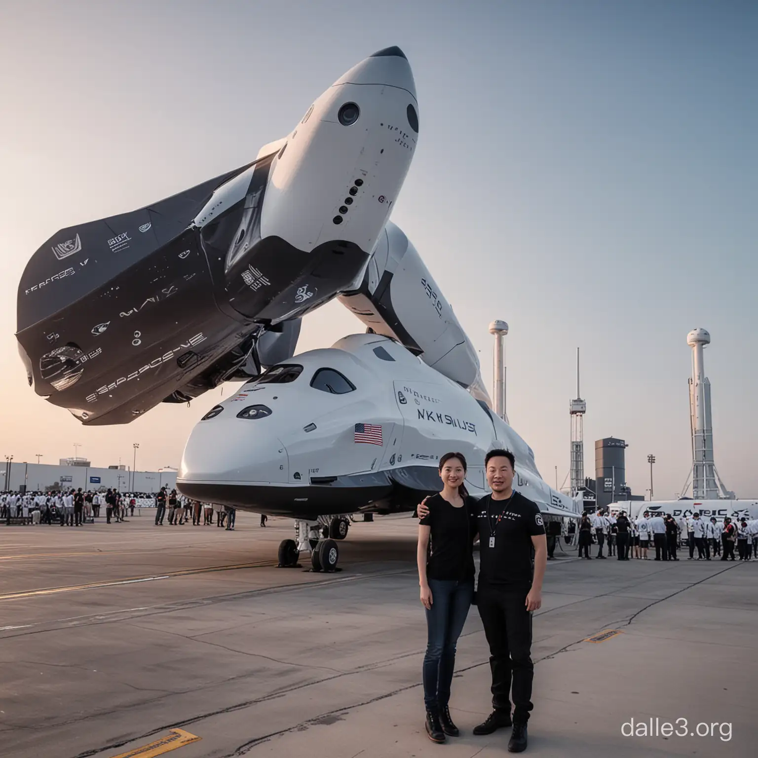 一个漂亮的中国女孩和马斯克在SpaceX前面合影