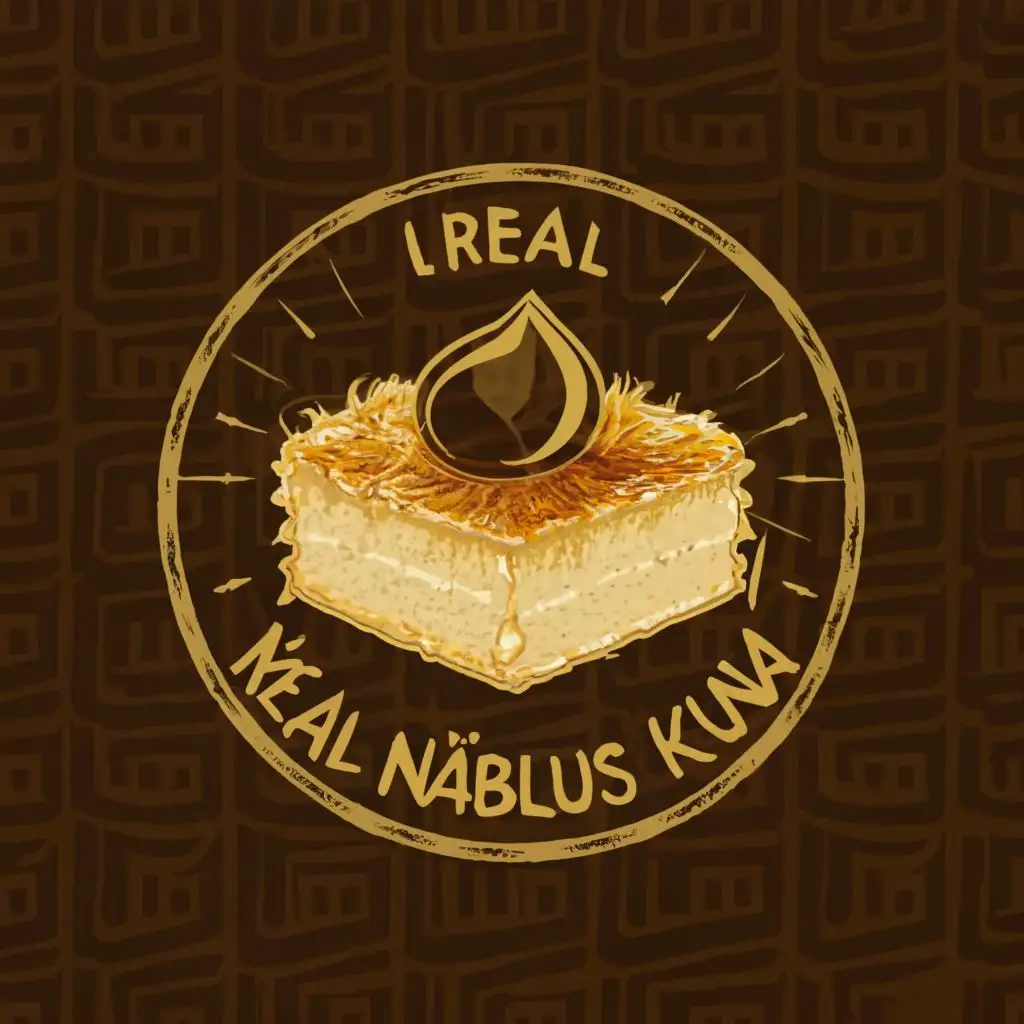 logo, a golden crispy piece of knafeh with a drizzle of syrup on top, surrounded by swirling lines to represent the sweet and indulgent nature of the dessert? You can incorporate the name of the store 'Real nablus kunafa' in elegant way, with the text "Real Nablus Kunafa", typography