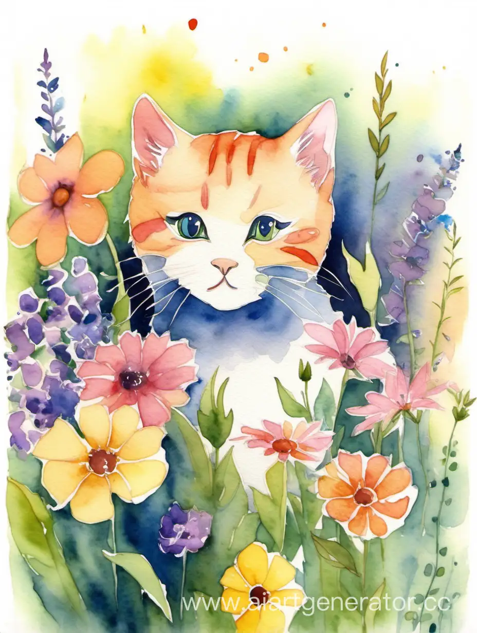 Adorable-Kitty-Surrounded-by-Vibrant-Watercolor-Flowers