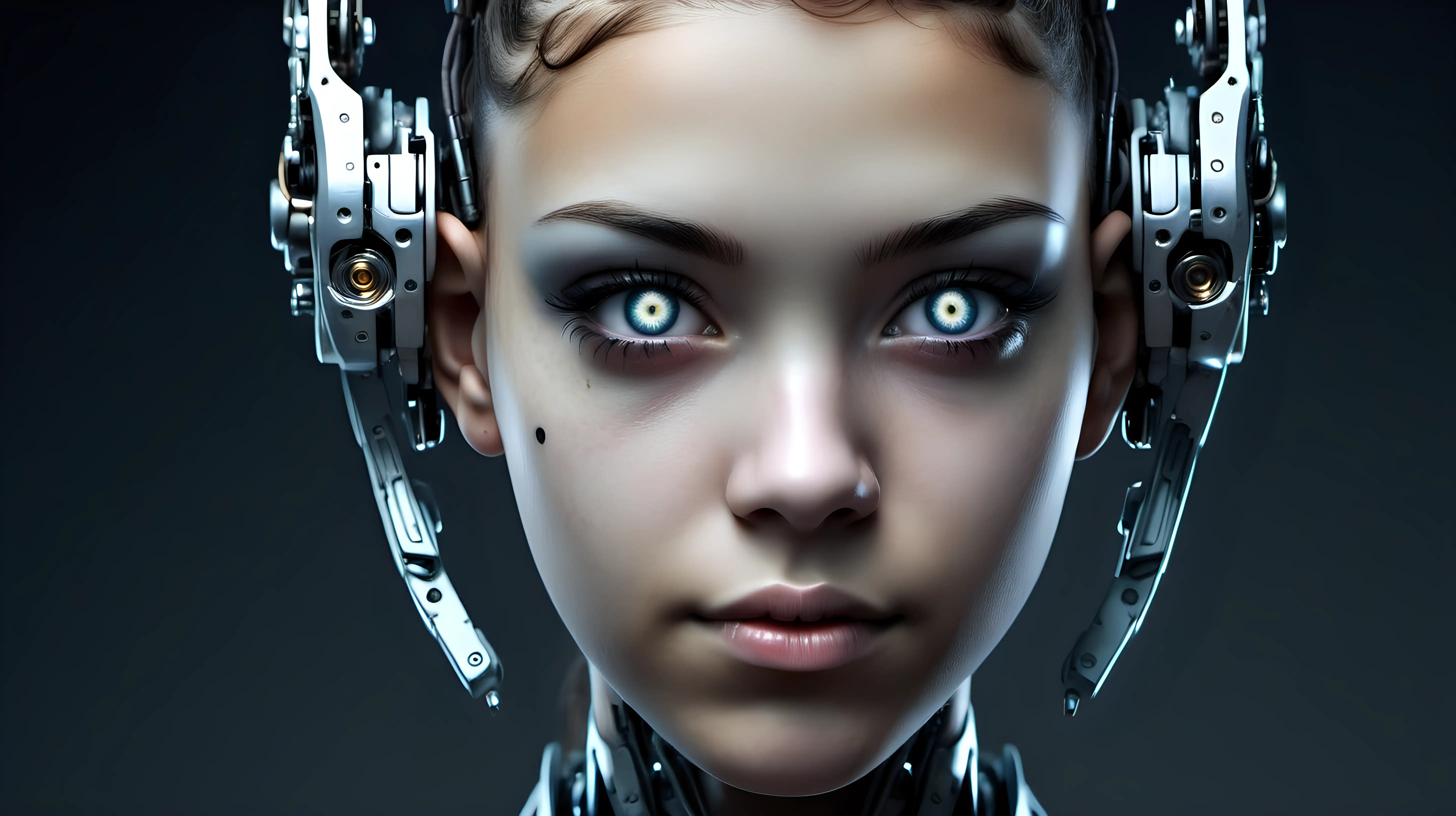 Cyborg woman, 18 years old. She has a cyborg face, but she is extremely beautiful. Natural eyes. She has beautiful ears.