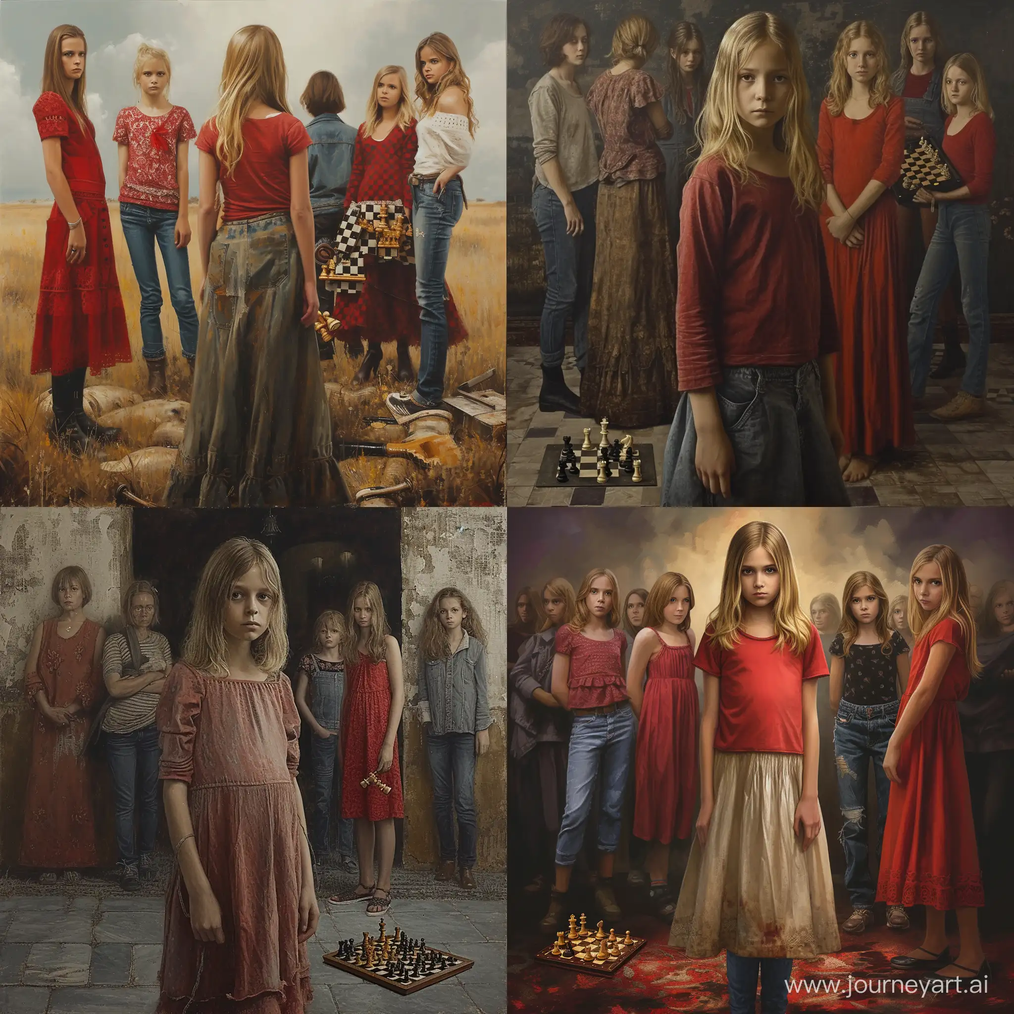 Девушка с блондинистыми волосами стоит напротив разных женщин, одна в длинном платье старом, другая в джинсах, третья с шахматами в руках, другая в алом платье 