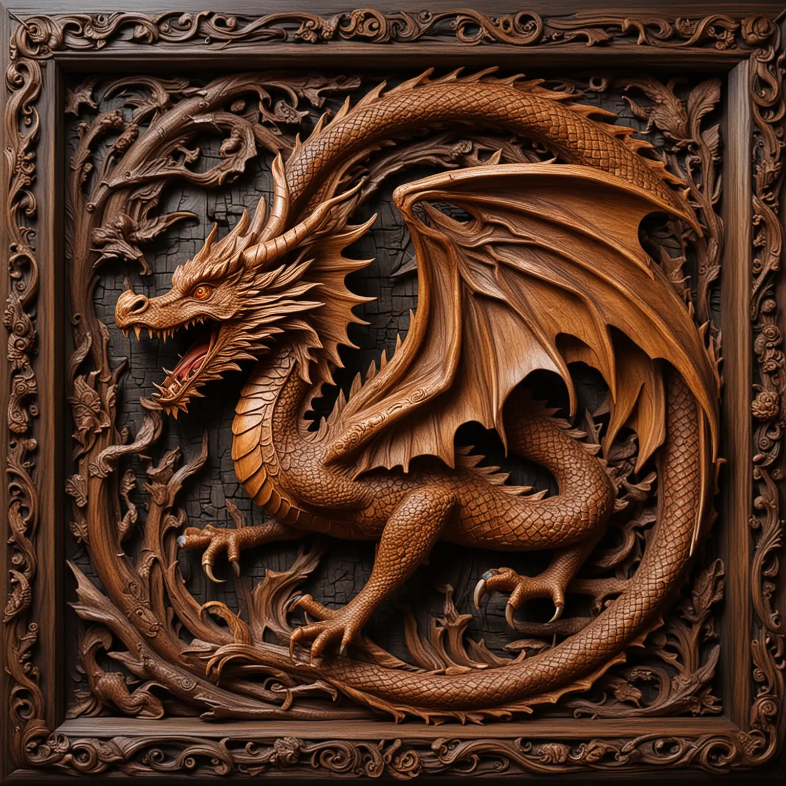 Ancient fire breathing Dragon, carved in wood, flying presented in a dark wood frame